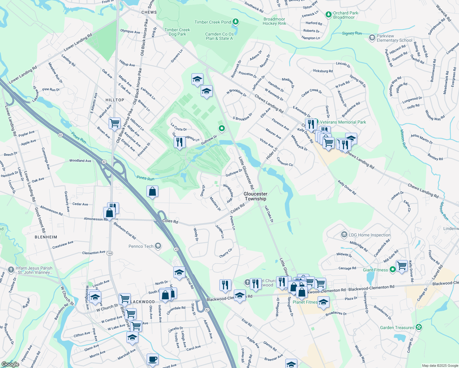 map of restaurants, bars, coffee shops, grocery stores, and more near 3206 Wimbledon Way in Gloucester Township