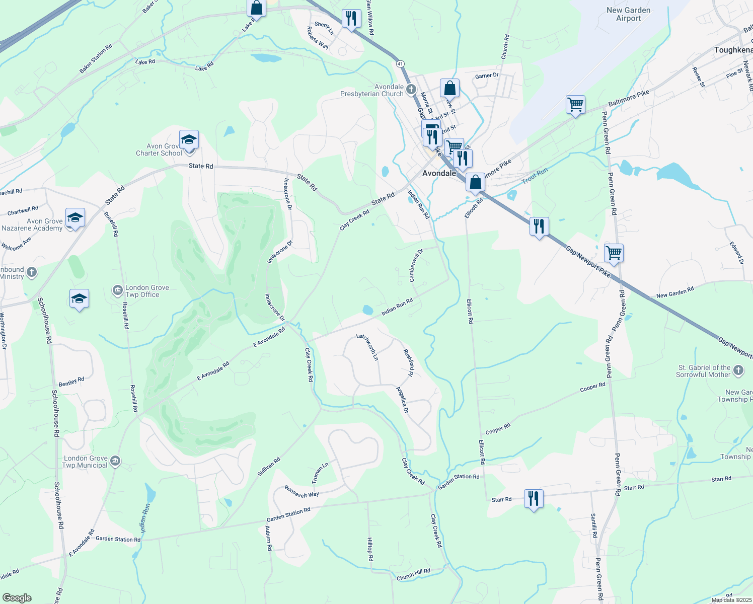 map of restaurants, bars, coffee shops, grocery stores, and more near 371 Indian Run Road in Avondale