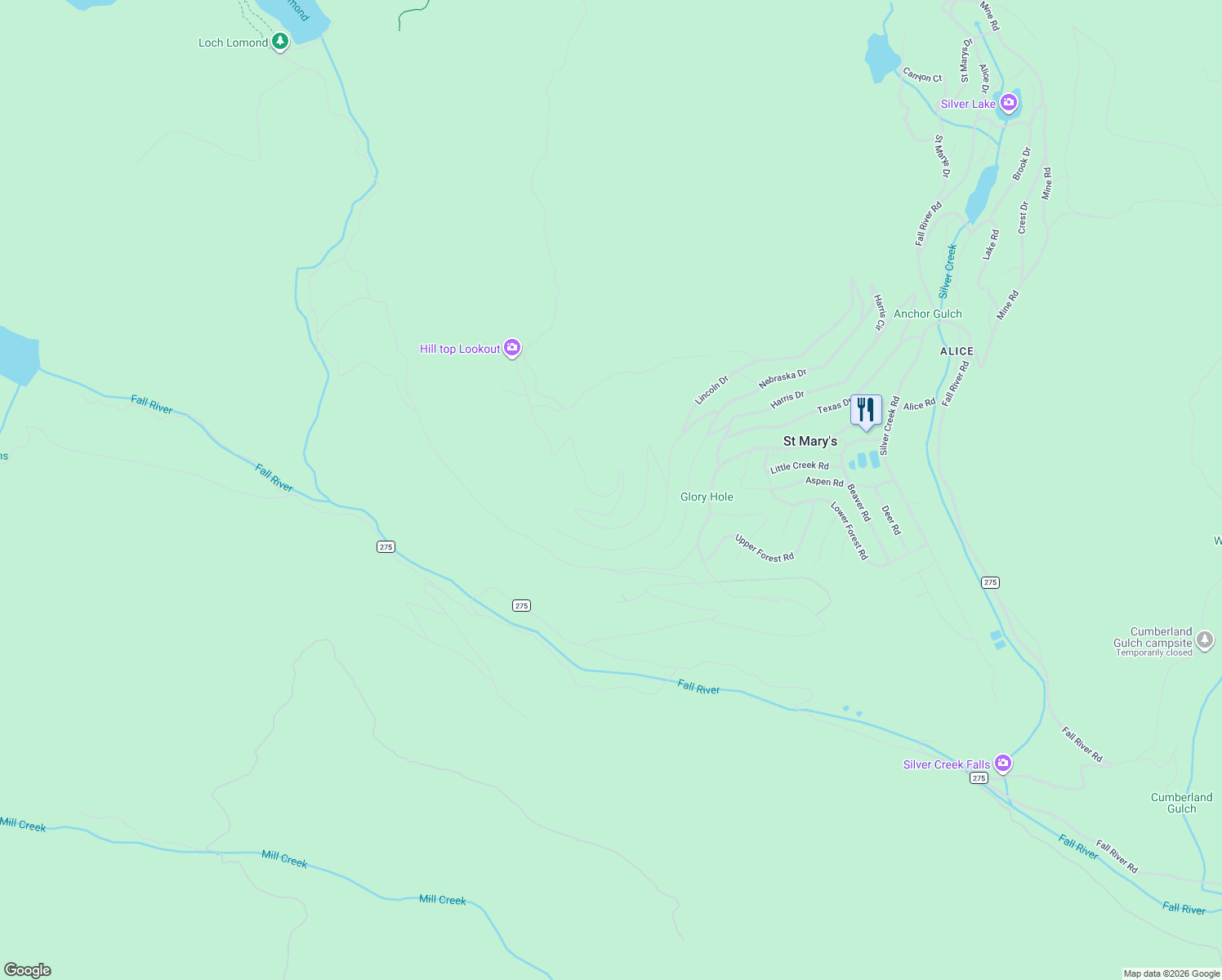 map of restaurants, bars, coffee shops, grocery stores, and more near 264 Hilltop Road in Idaho Springs