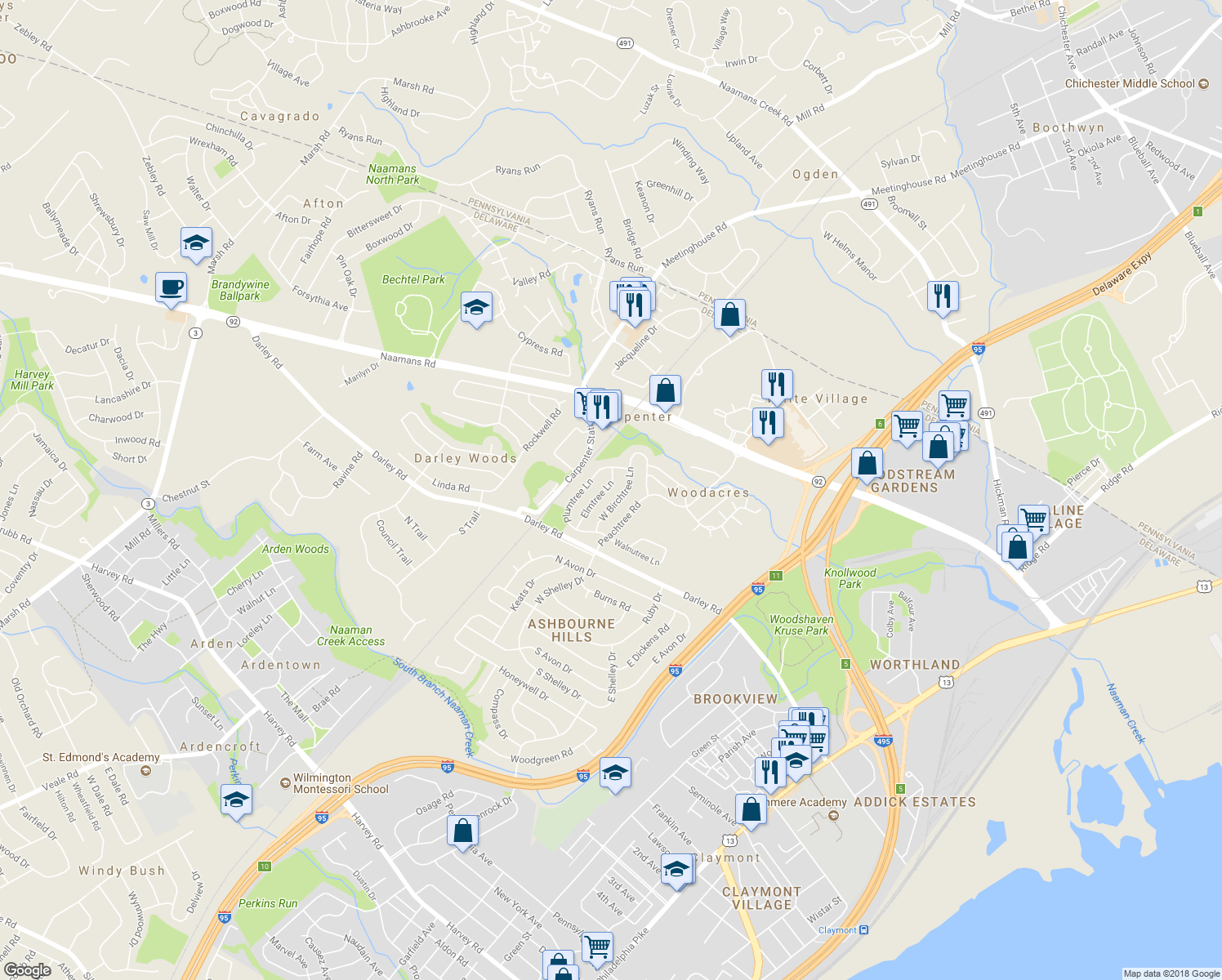 map of restaurants, bars, coffee shops, grocery stores, and more near 728 Elmtree Lane in Claymont