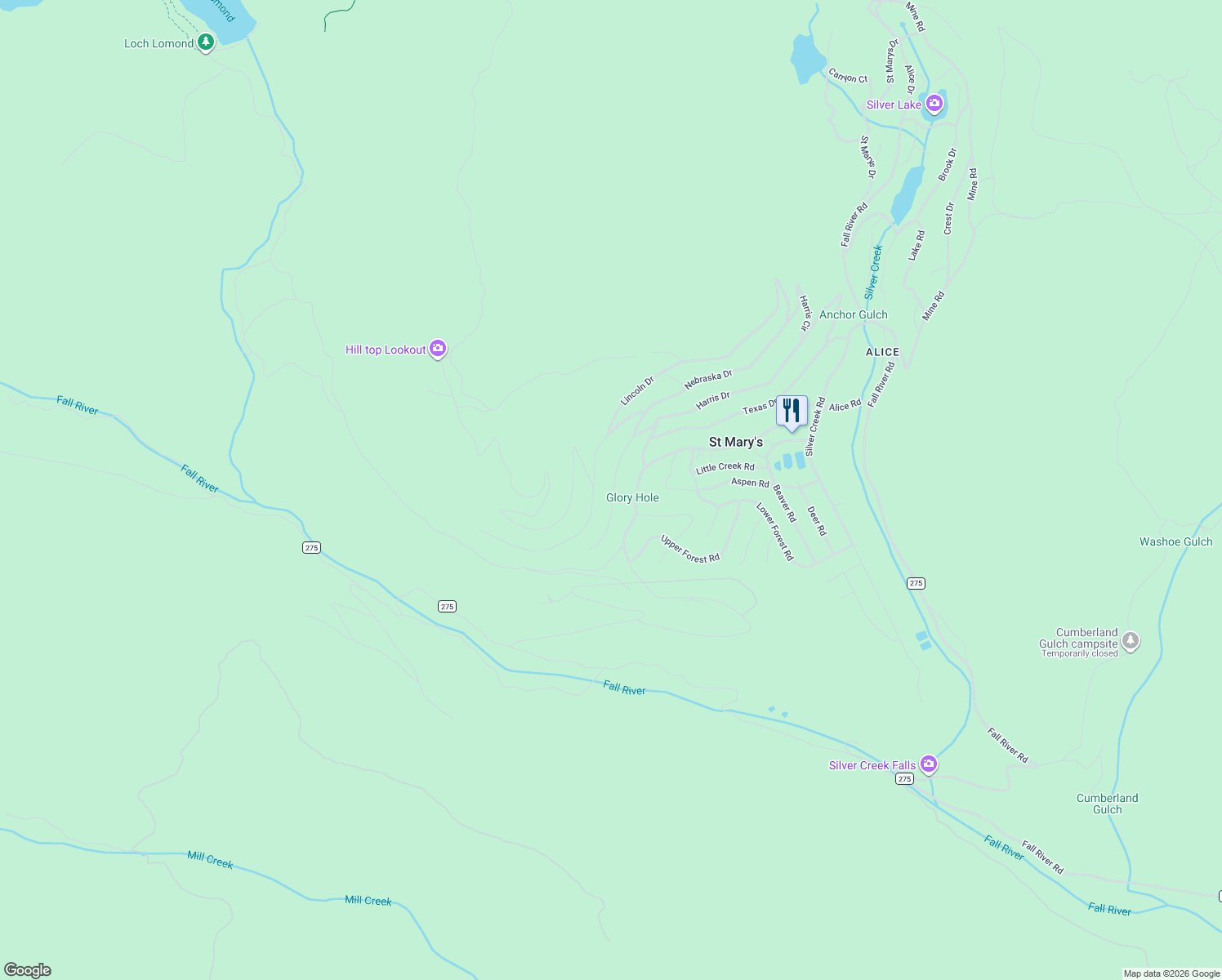 map of restaurants, bars, coffee shops, grocery stores, and more near 755 Alice Road in Idaho Springs