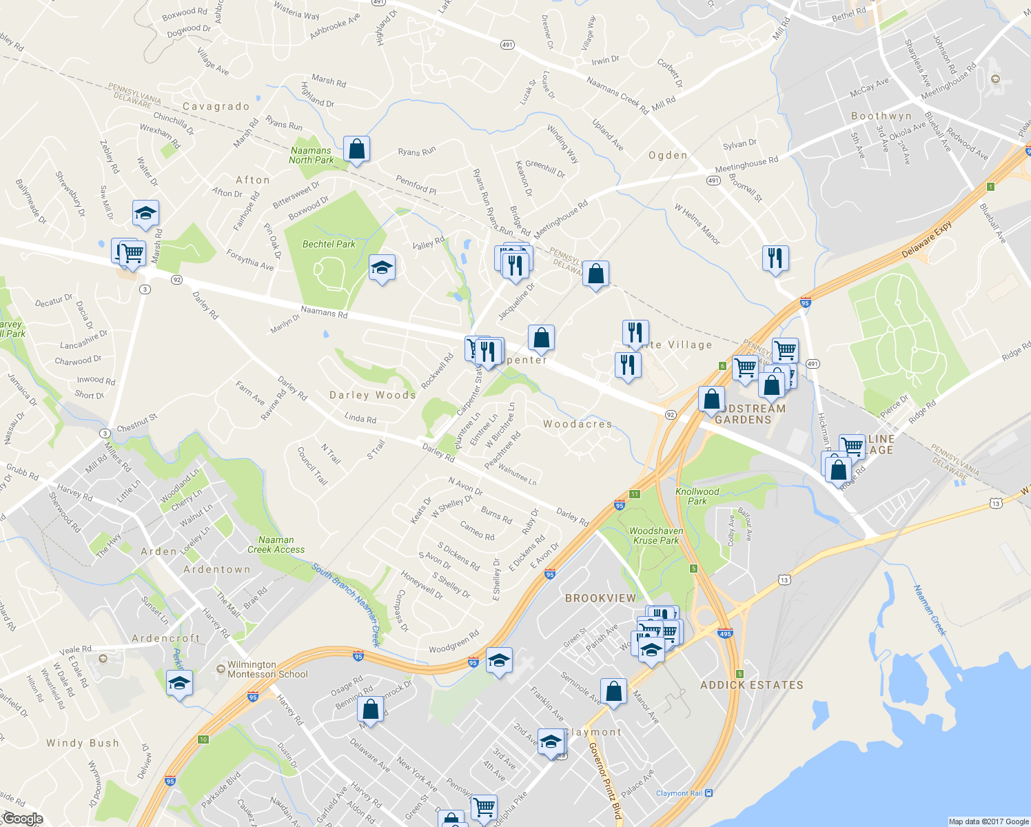 map of restaurants, bars, coffee shops, grocery stores, and more near 738 West Birchtree Lane in Claymont