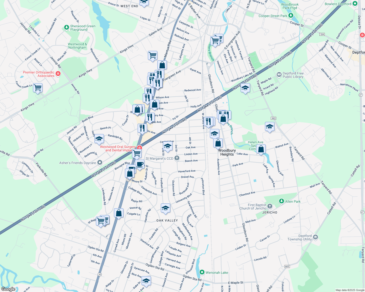 map of restaurants, bars, coffee shops, grocery stores, and more near 325 Oak Avenue in Woodbury Heights