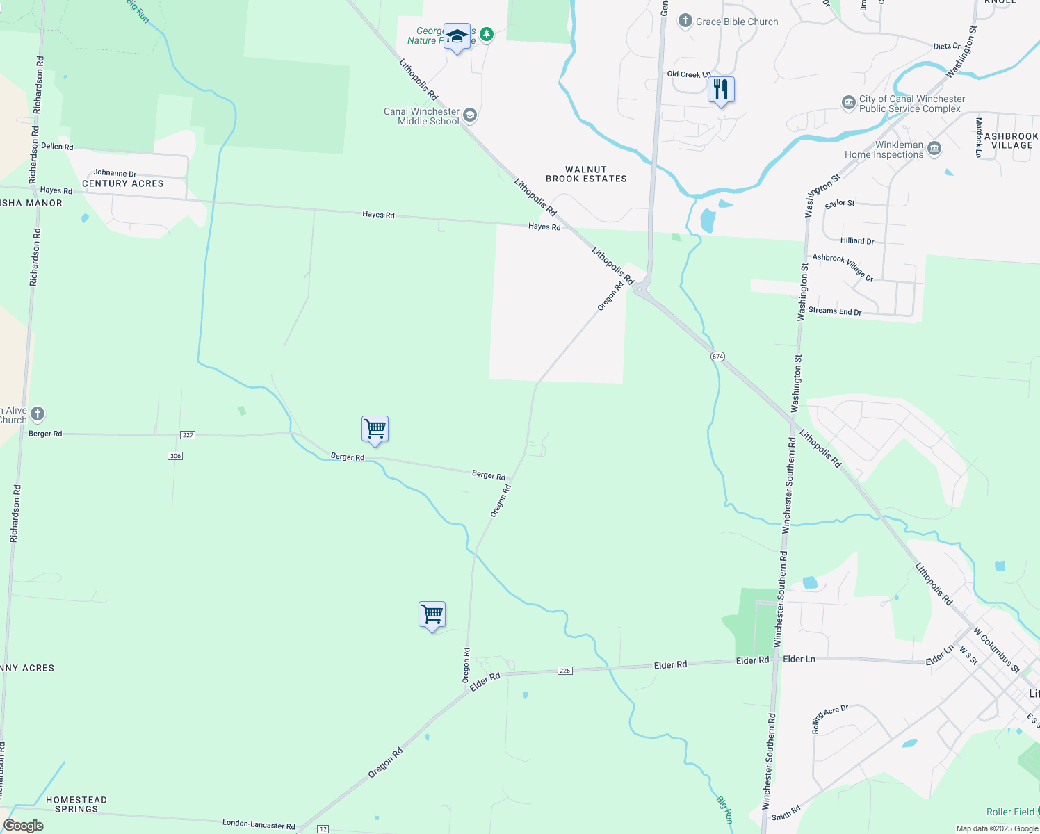 map of restaurants, bars, coffee shops, grocery stores, and more near 8197 Oregon Road in Canal Winchester