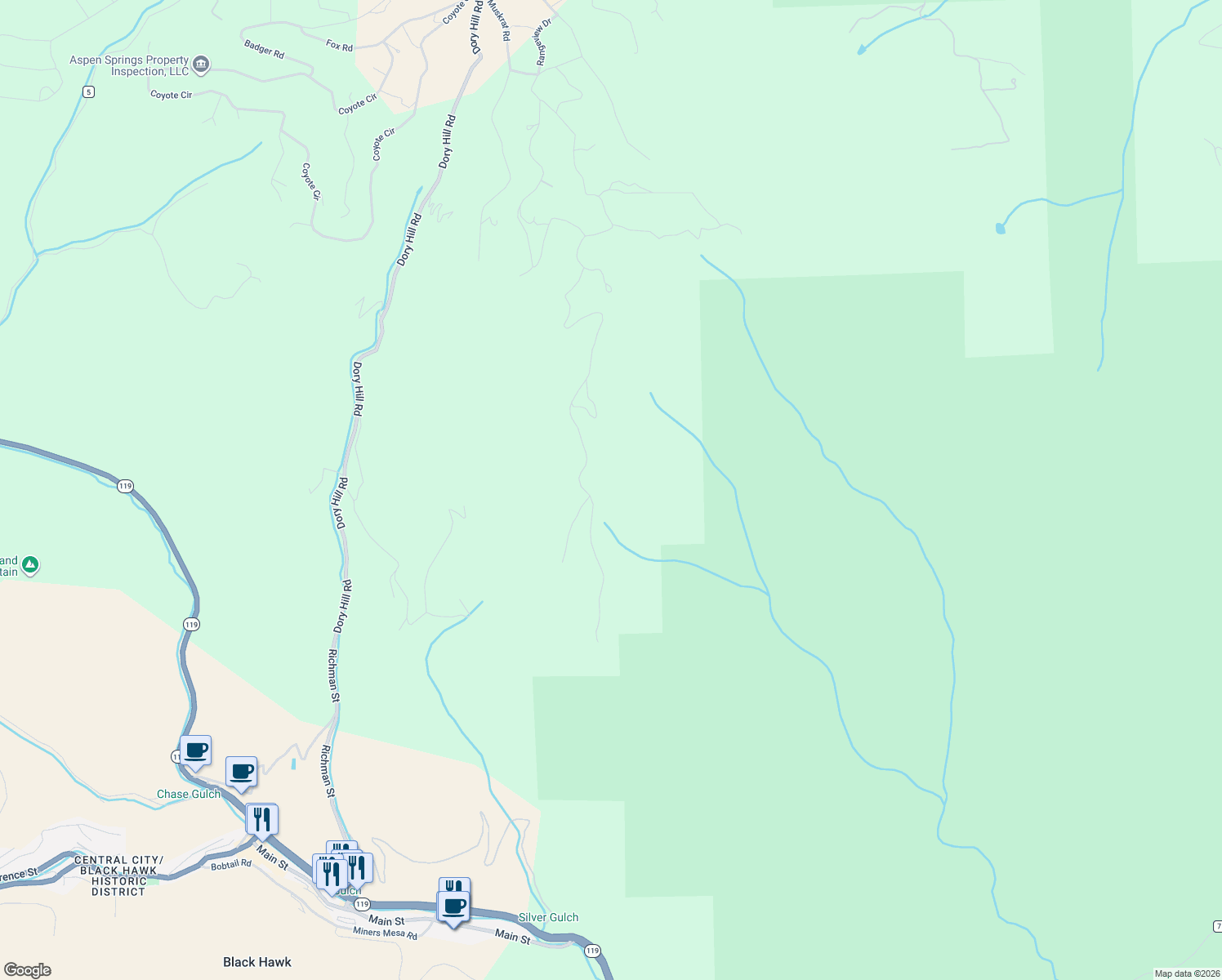 map of restaurants, bars, coffee shops, grocery stores, and more near Mountain Meadows Drive in Black Hawk