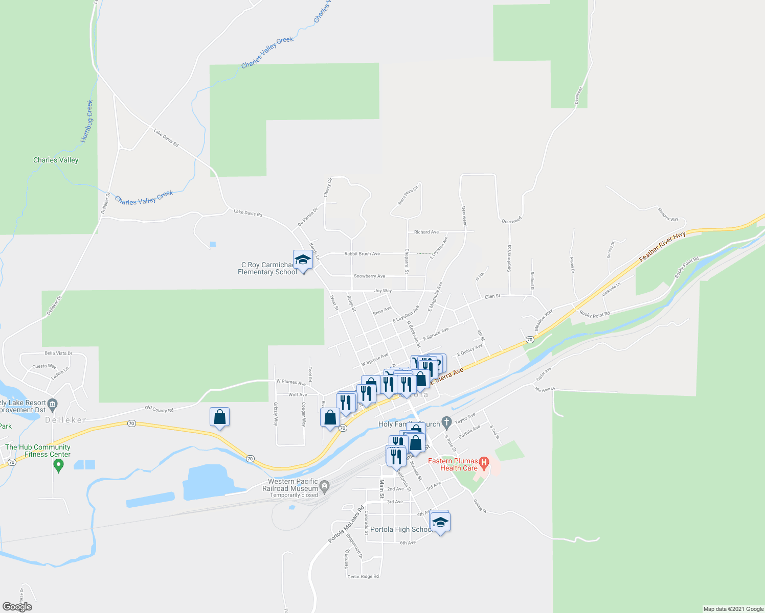 map of restaurants, bars, coffee shops, grocery stores, and more near 81 Reno Avenue in Portola