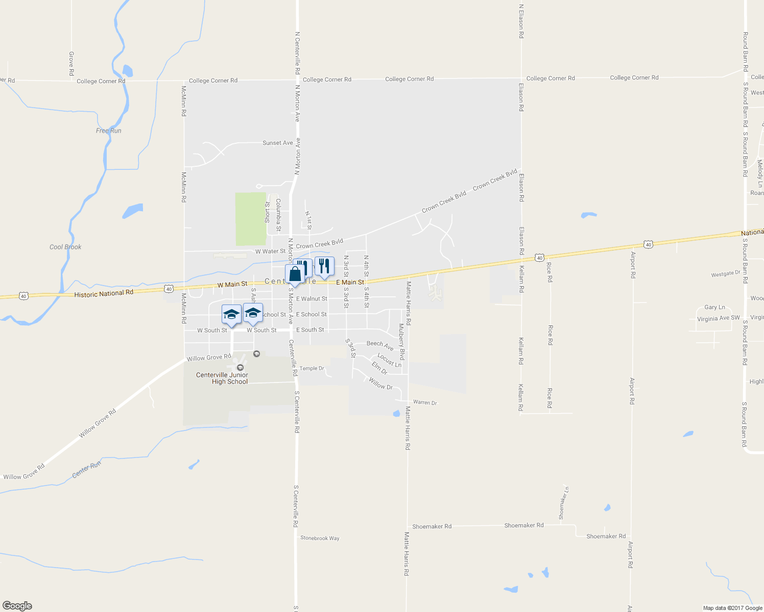 map of restaurants, bars, coffee shops, grocery stores, and more near 604 East School Street in Centerville