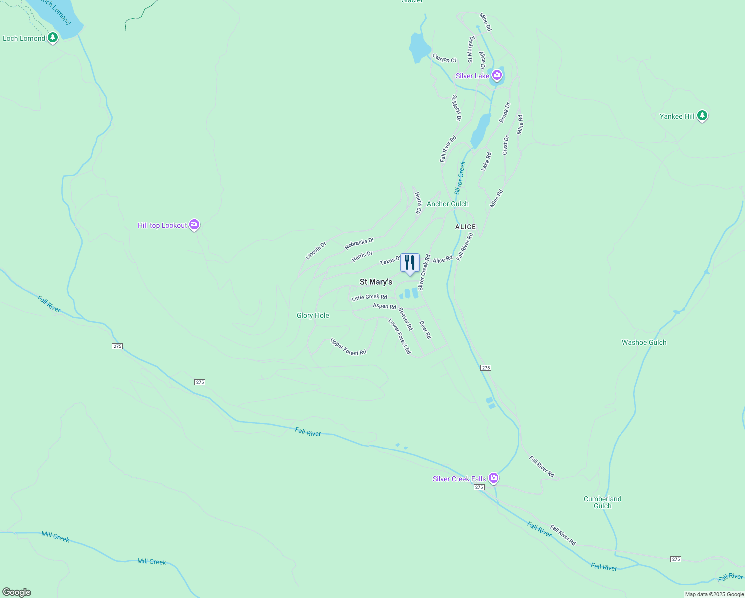 map of restaurants, bars, coffee shops, grocery stores, and more near 296 Aspen Road in Idaho Springs