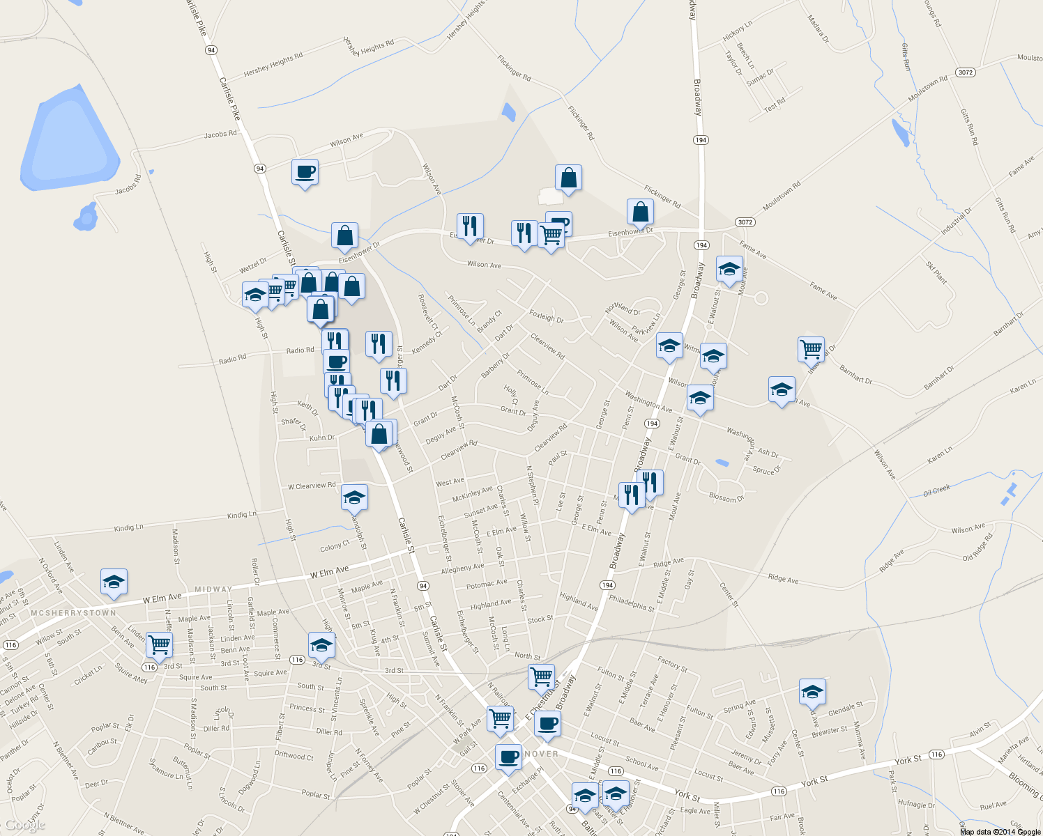 map of restaurants, bars, coffee shops, grocery stores, and more near 281 Grant Drive in Hanover