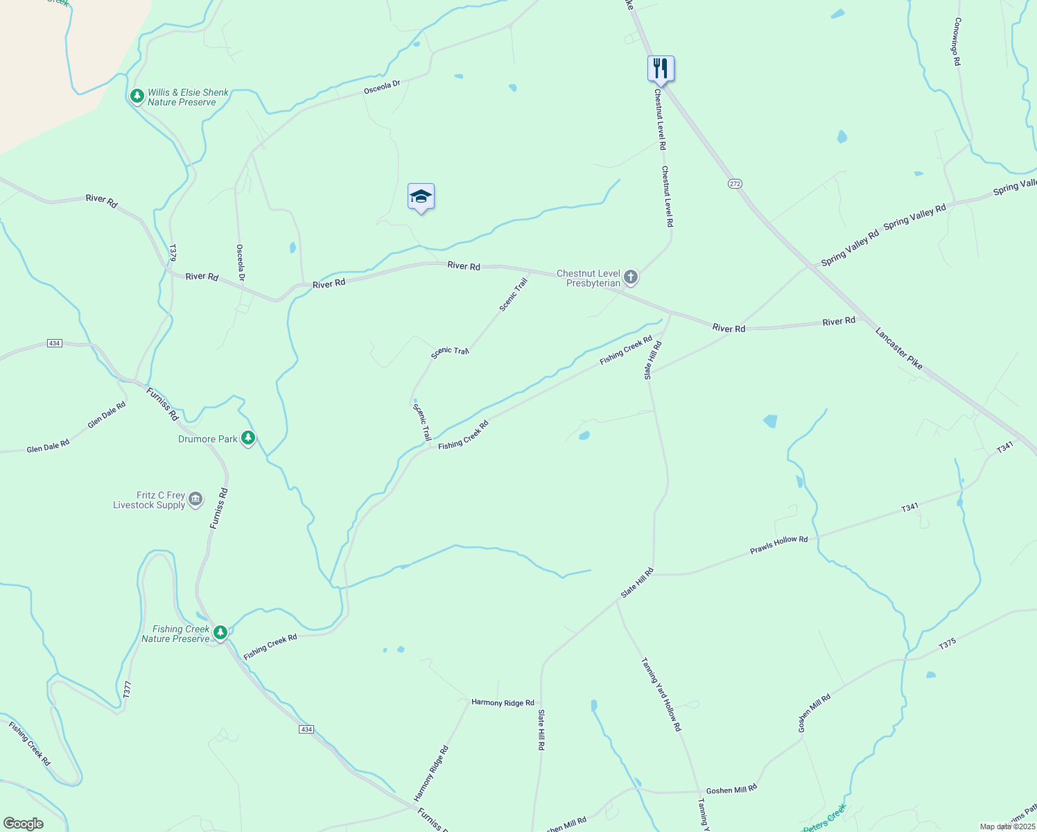 map of restaurants, bars, coffee shops, grocery stores, and more near 1146 Fishing Creek Road in Quarryville