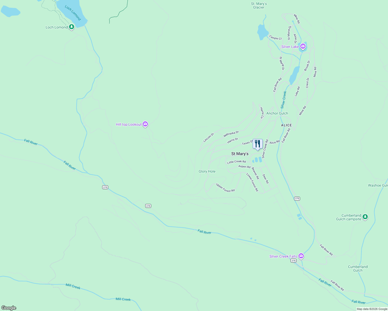 map of restaurants, bars, coffee shops, grocery stores, and more near 152 Hillside Road in Idaho Springs
