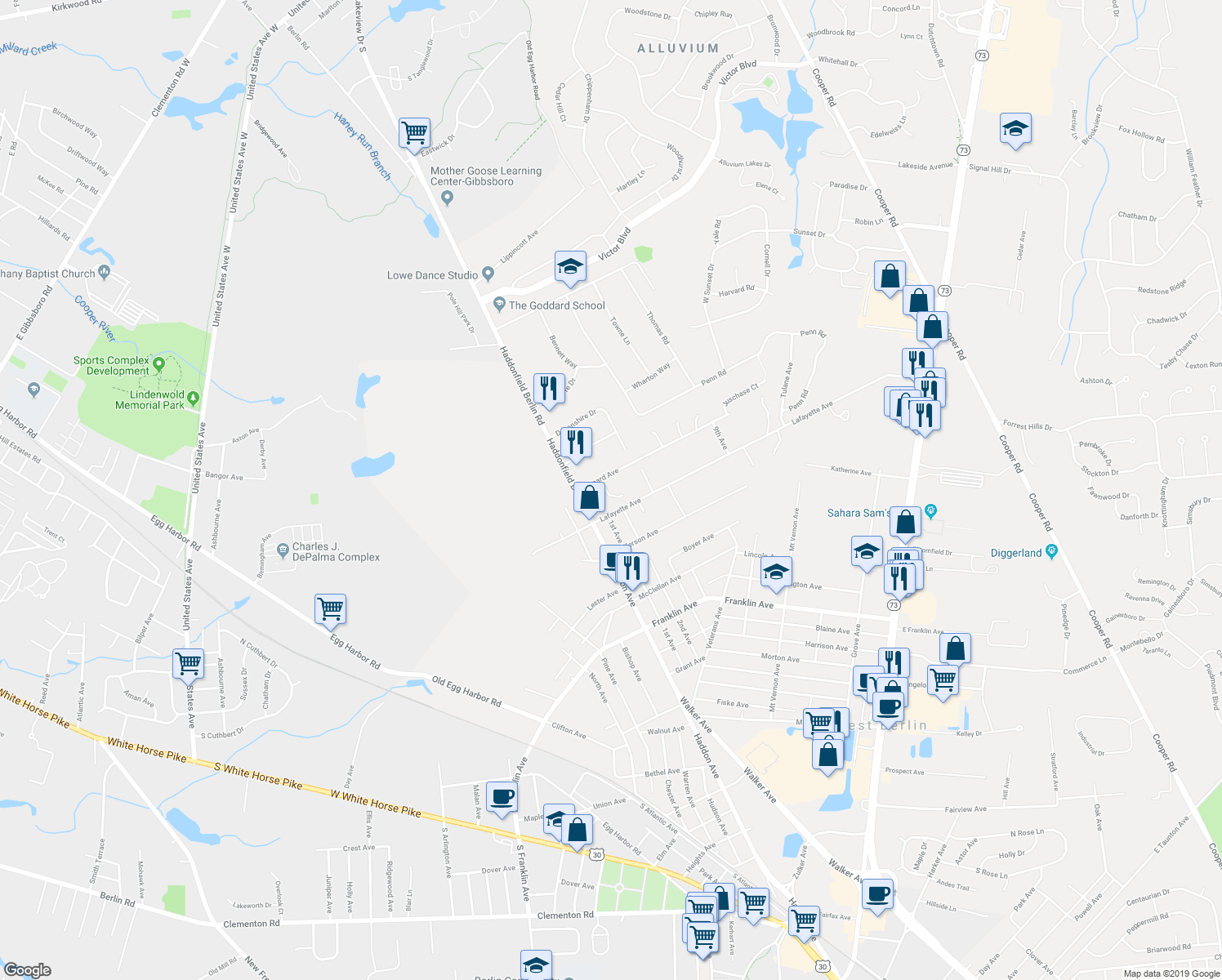 map of restaurants, bars, coffee shops, grocery stores, and more near 3 Catania Court in Voorhees Township