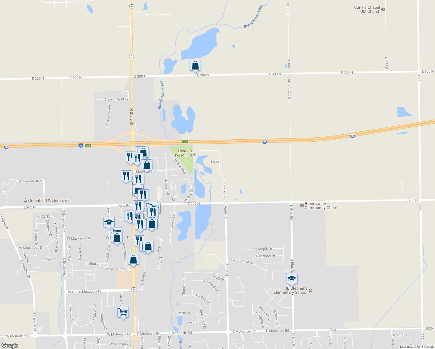 map of restaurants, bars, coffee shops, grocery stores, and more near 2222 Hickory Boulevard in Greenfield
