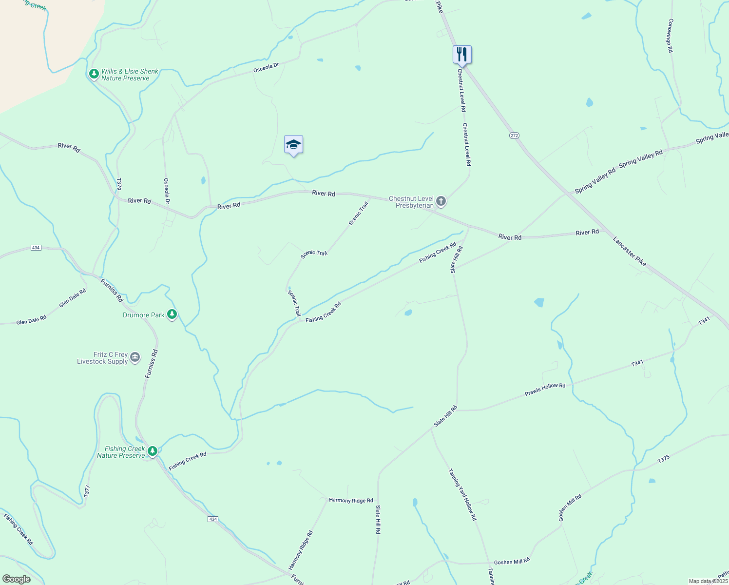 map of restaurants, bars, coffee shops, grocery stores, and more near 1146 Fishing Creek Road in Quarryville
