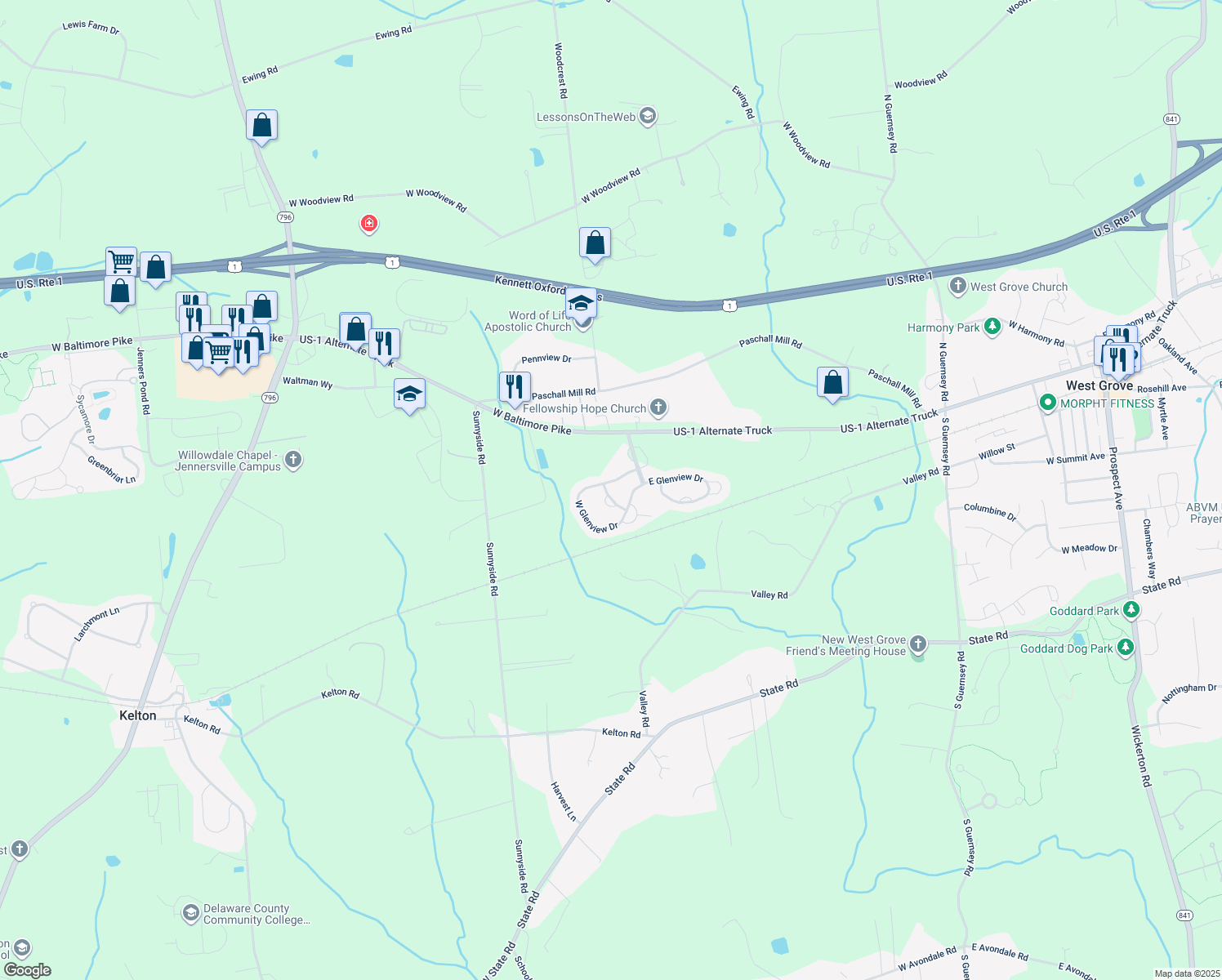 map of restaurants, bars, coffee shops, grocery stores, and more near 903 Pheasant Way in West Grove