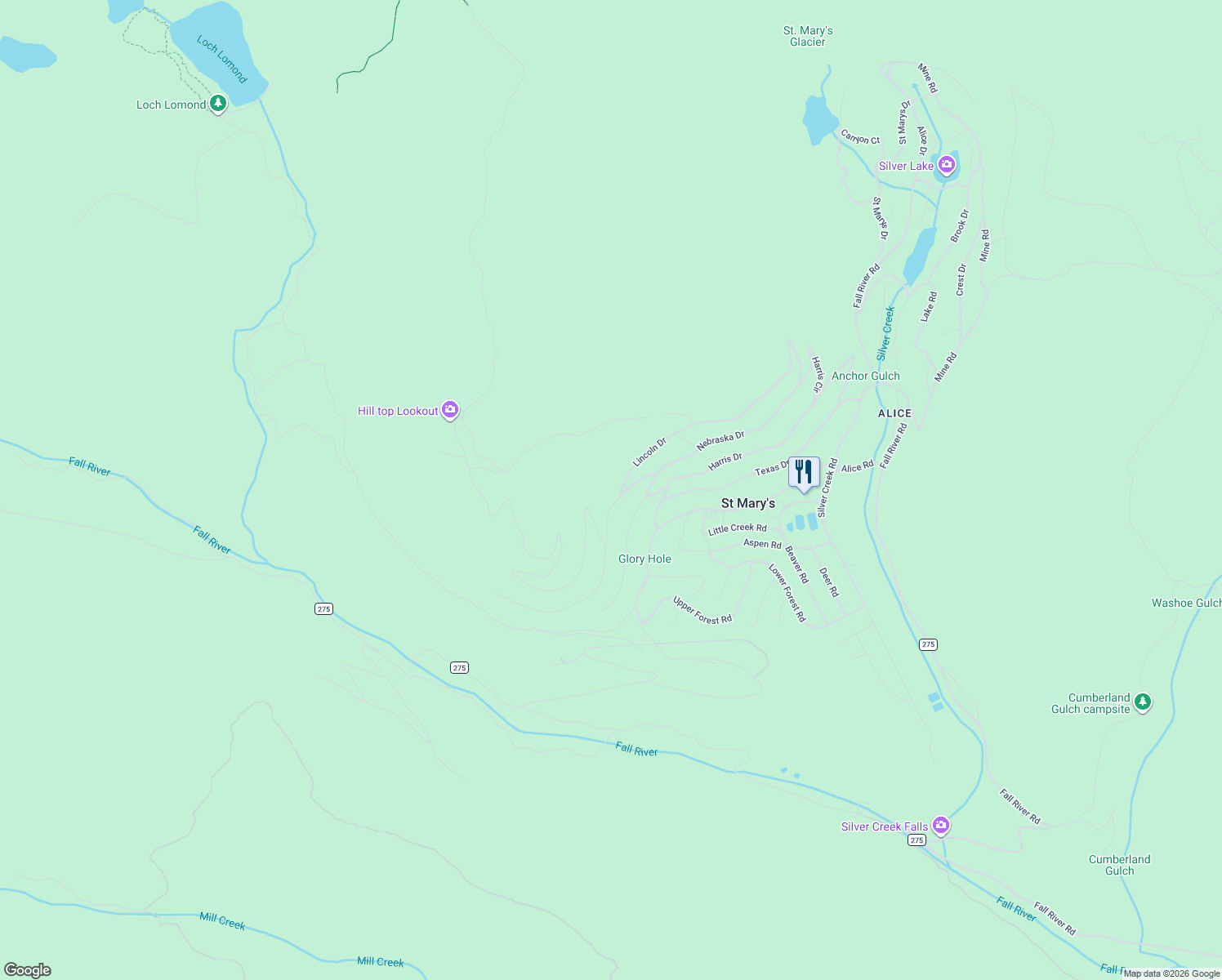 map of restaurants, bars, coffee shops, grocery stores, and more near 111 Hillside Road in Idaho Springs