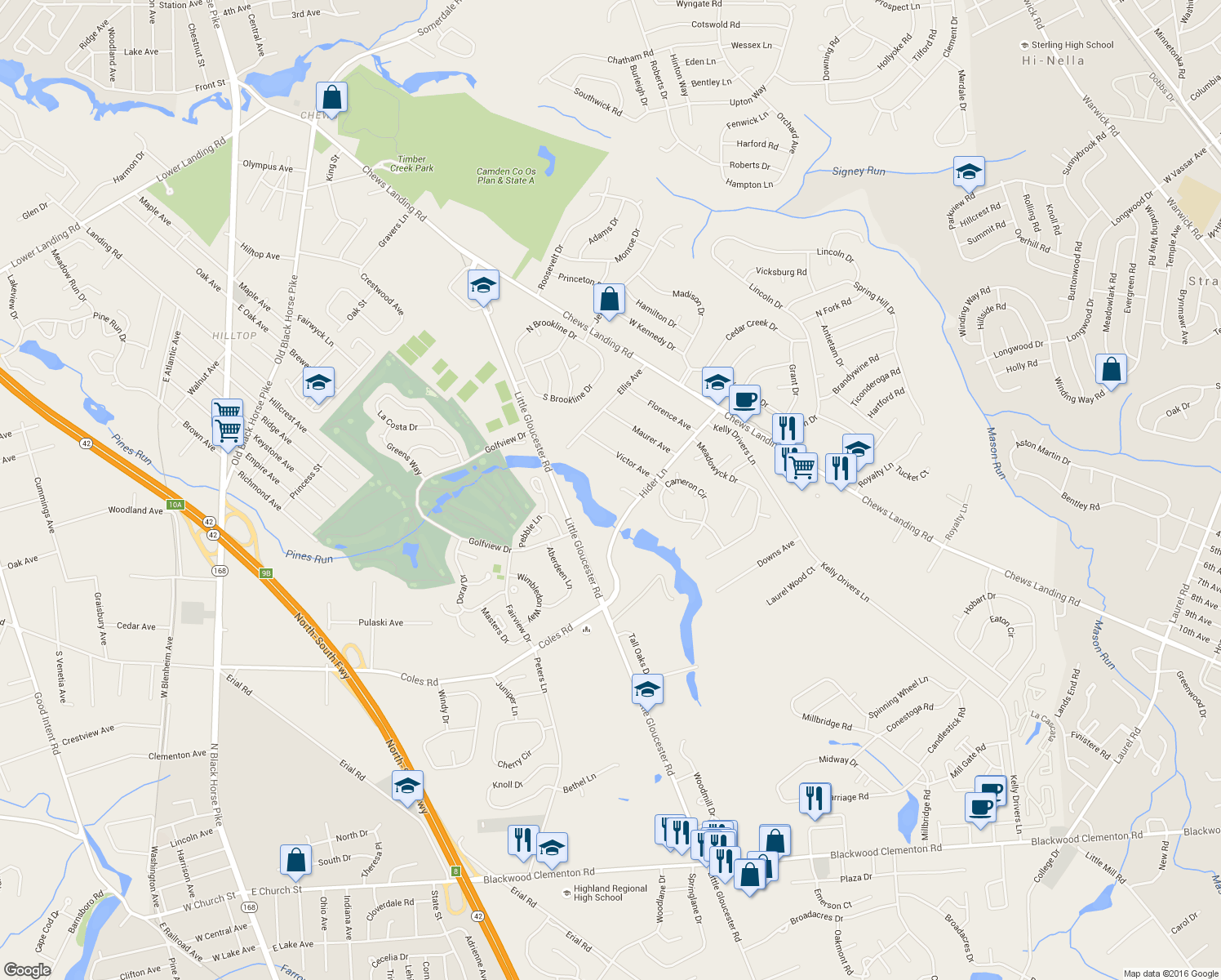 map of restaurants, bars, coffee shops, grocery stores, and more near 115 Bradley Ct in Laurel Springs