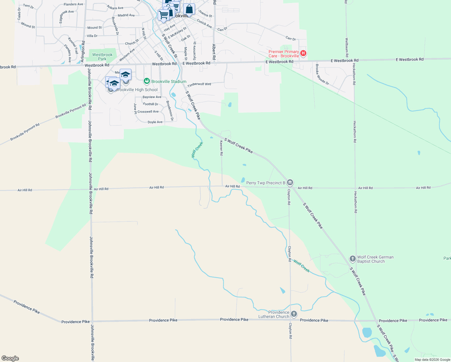 map of restaurants, bars, coffee shops, grocery stores, and more near 5080 Keener Road in Brookville