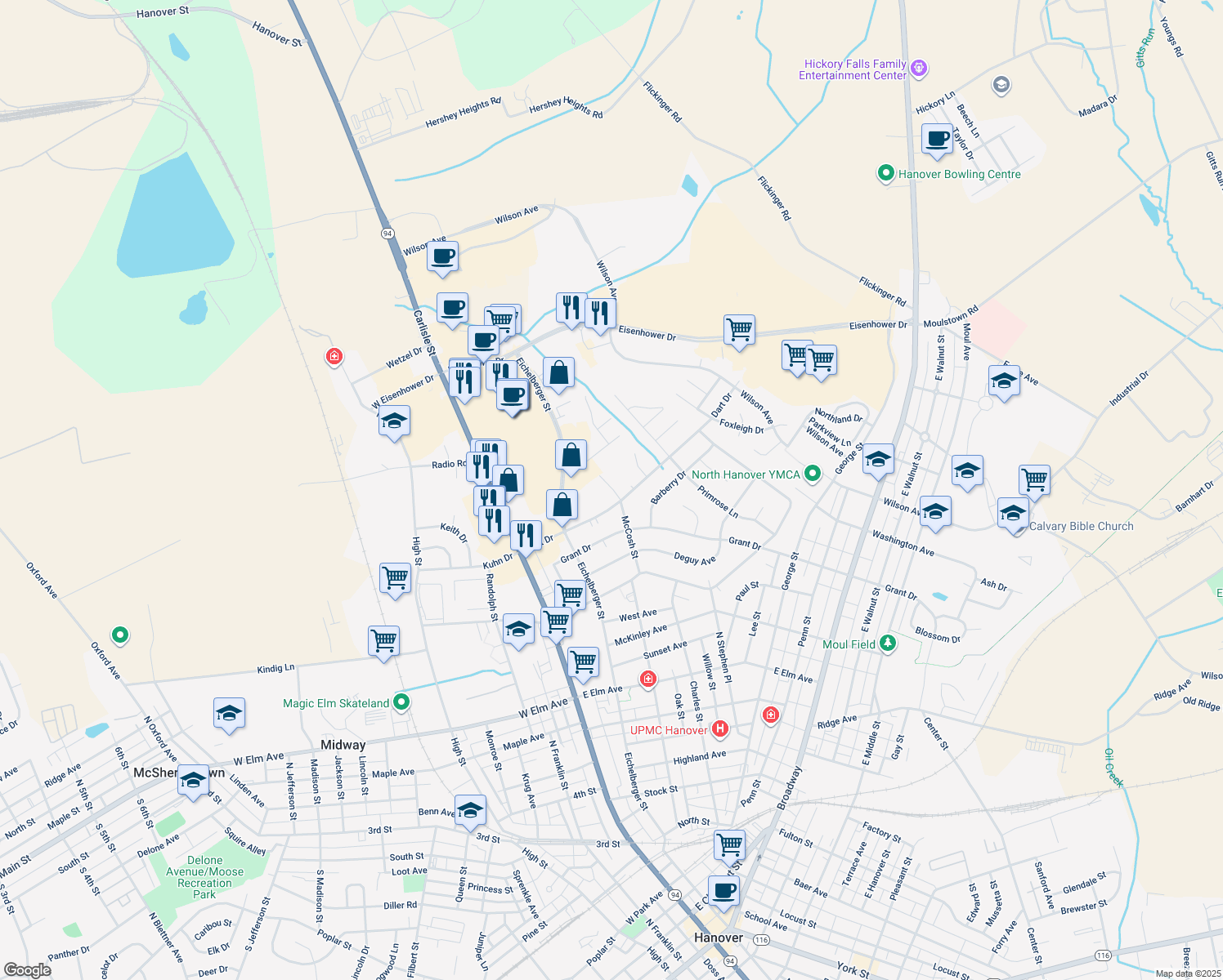 map of restaurants, bars, coffee shops, grocery stores, and more near 1010 Stonecroft Drive in Hanover