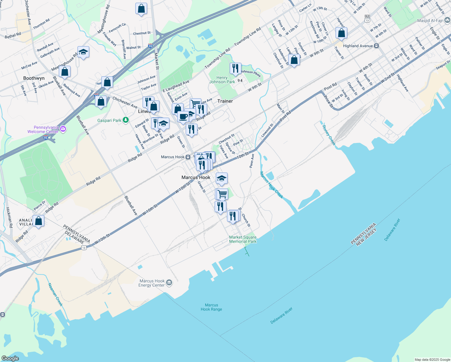map of restaurants, bars, coffee shops, grocery stores, and more near 819 Church Street in Marcus Hook