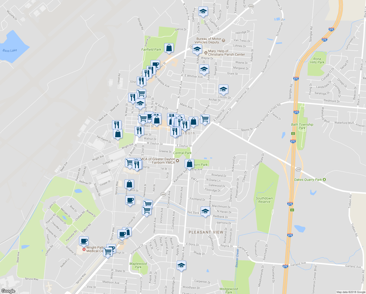 map of restaurants, bars, coffee shops, grocery stores, and more near 102 East Dayton Drive in Fairborn