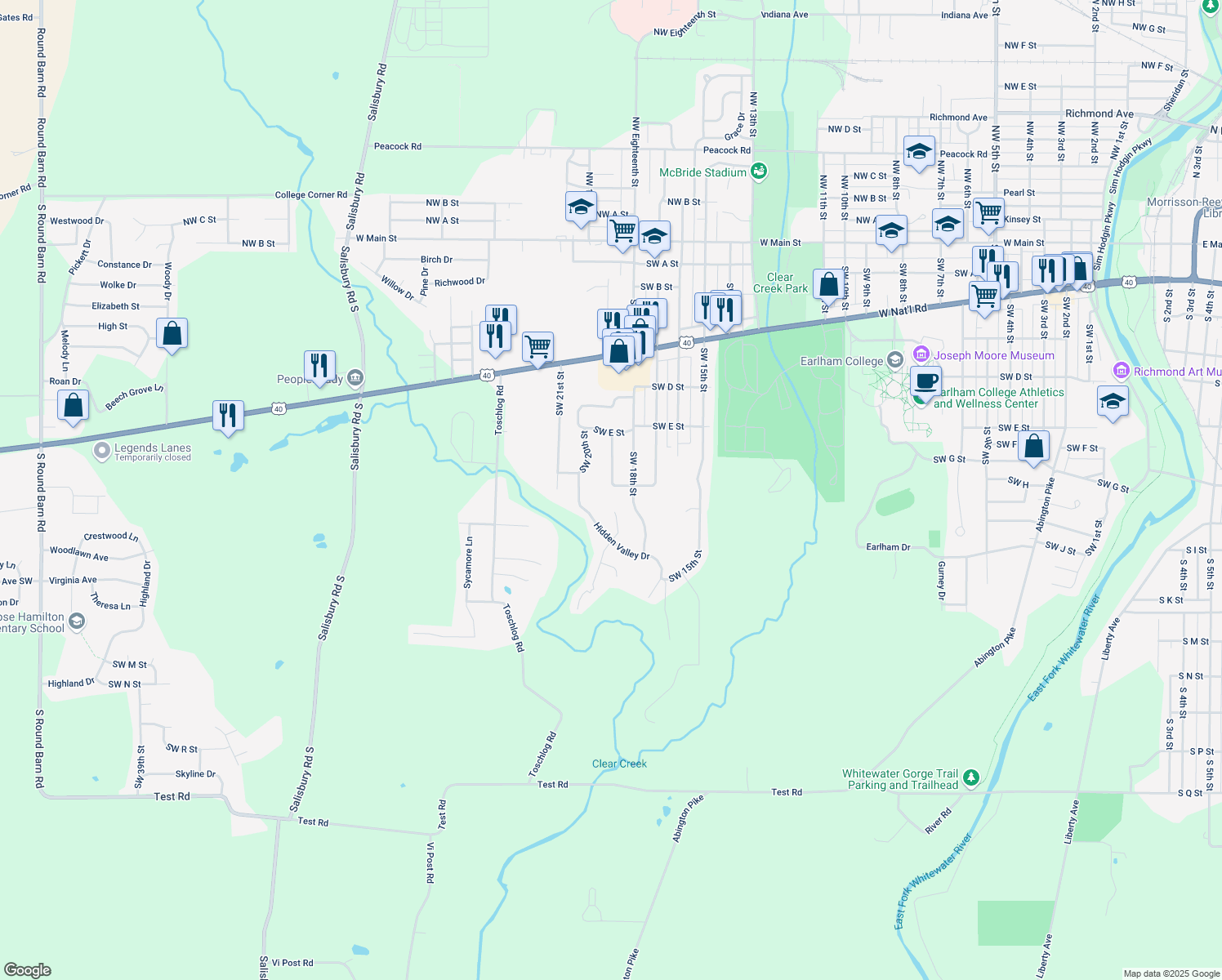map of restaurants, bars, coffee shops, grocery stores, and more near 1817 Southwest G Street in Richmond