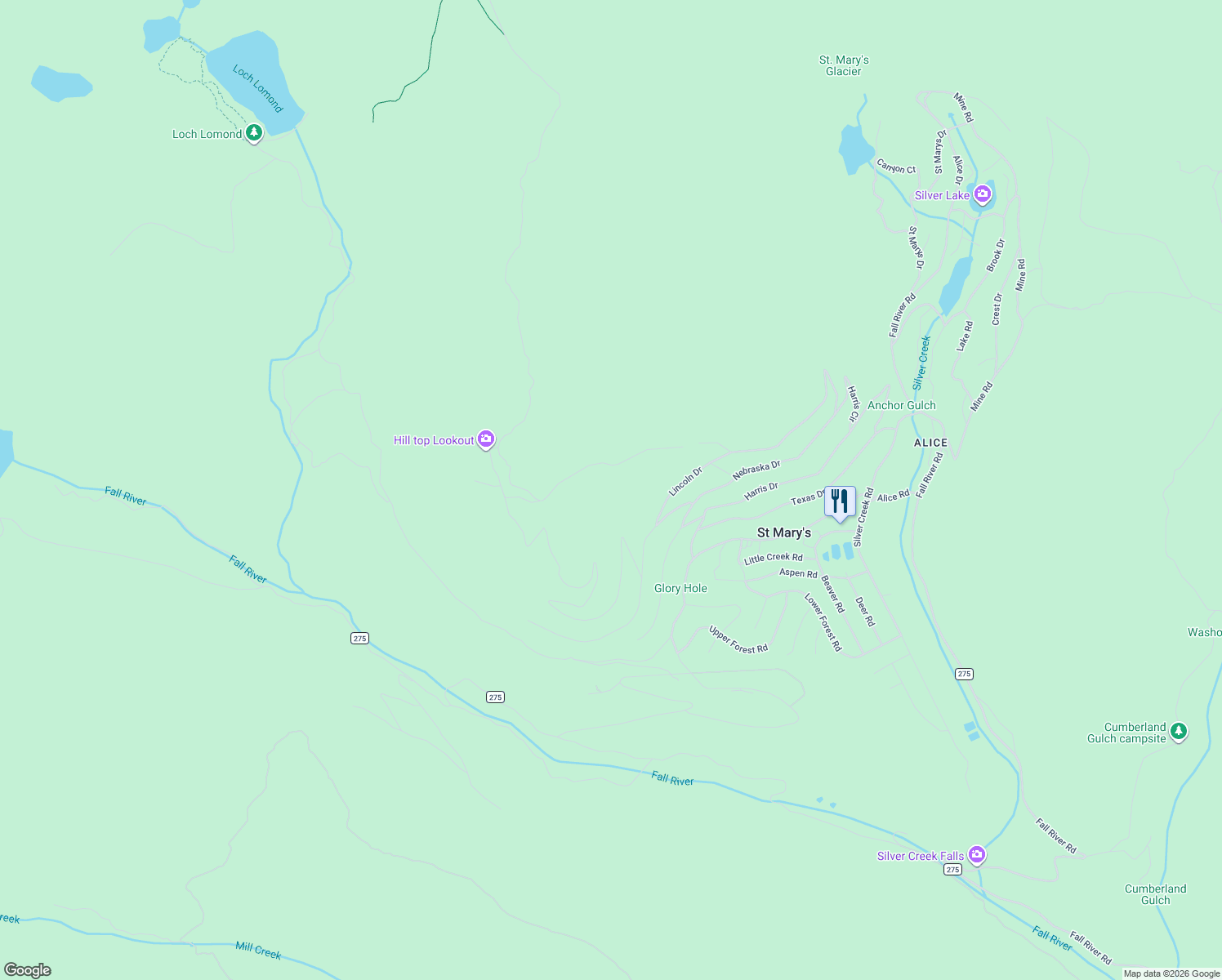 map of restaurants, bars, coffee shops, grocery stores, and more near 111 Hillside Road in Idaho Springs