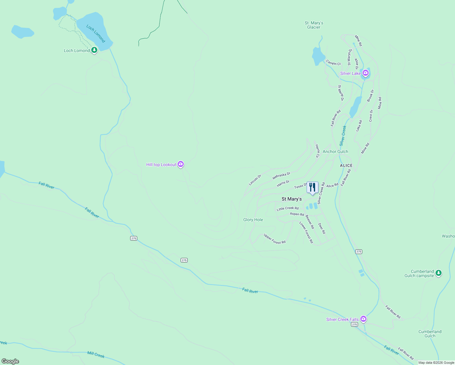 map of restaurants, bars, coffee shops, grocery stores, and more near 111 Hillside Road in Idaho Springs