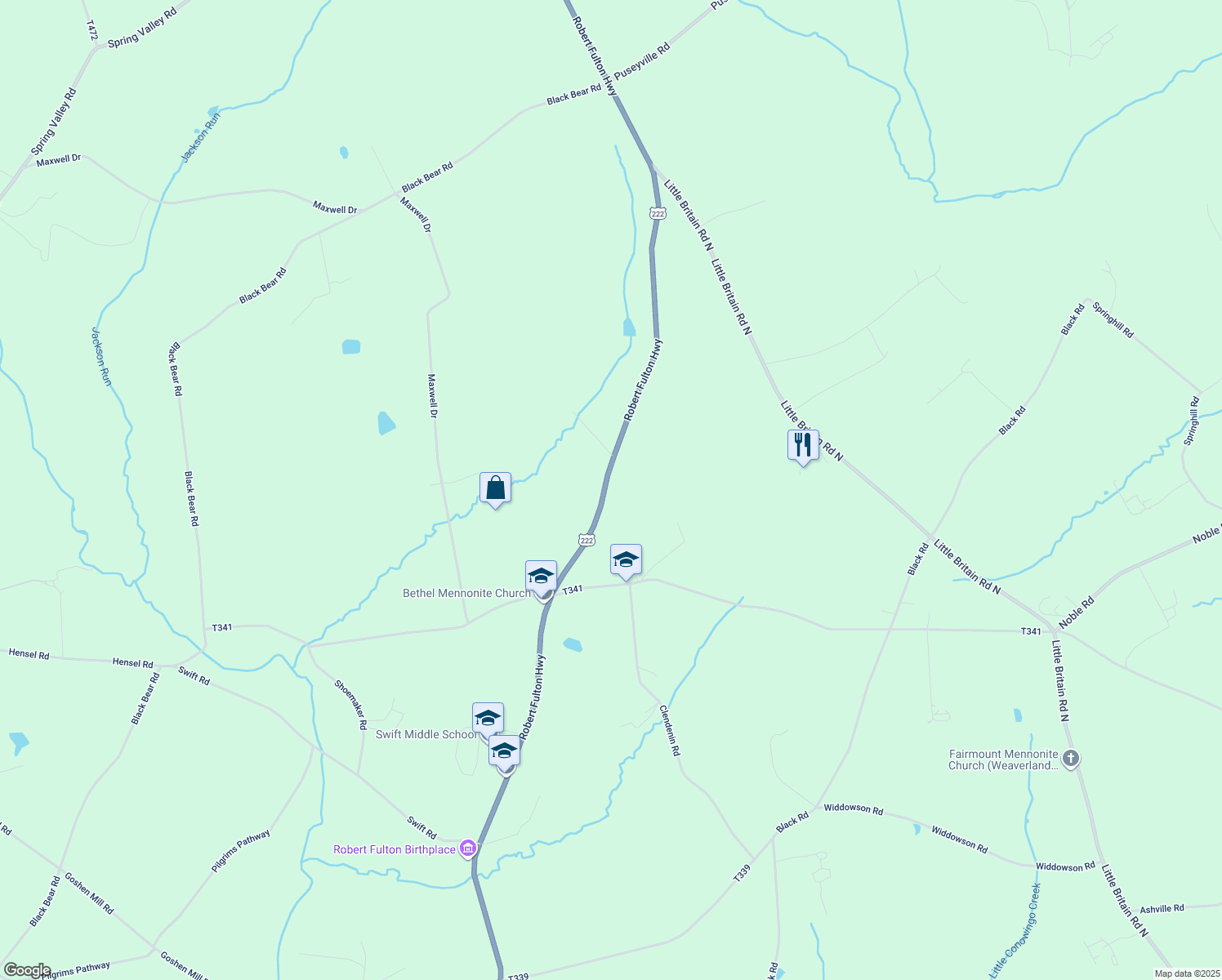 map of restaurants, bars, coffee shops, grocery stores, and more near 1701 Robert Fulton Hwy in Quarryville