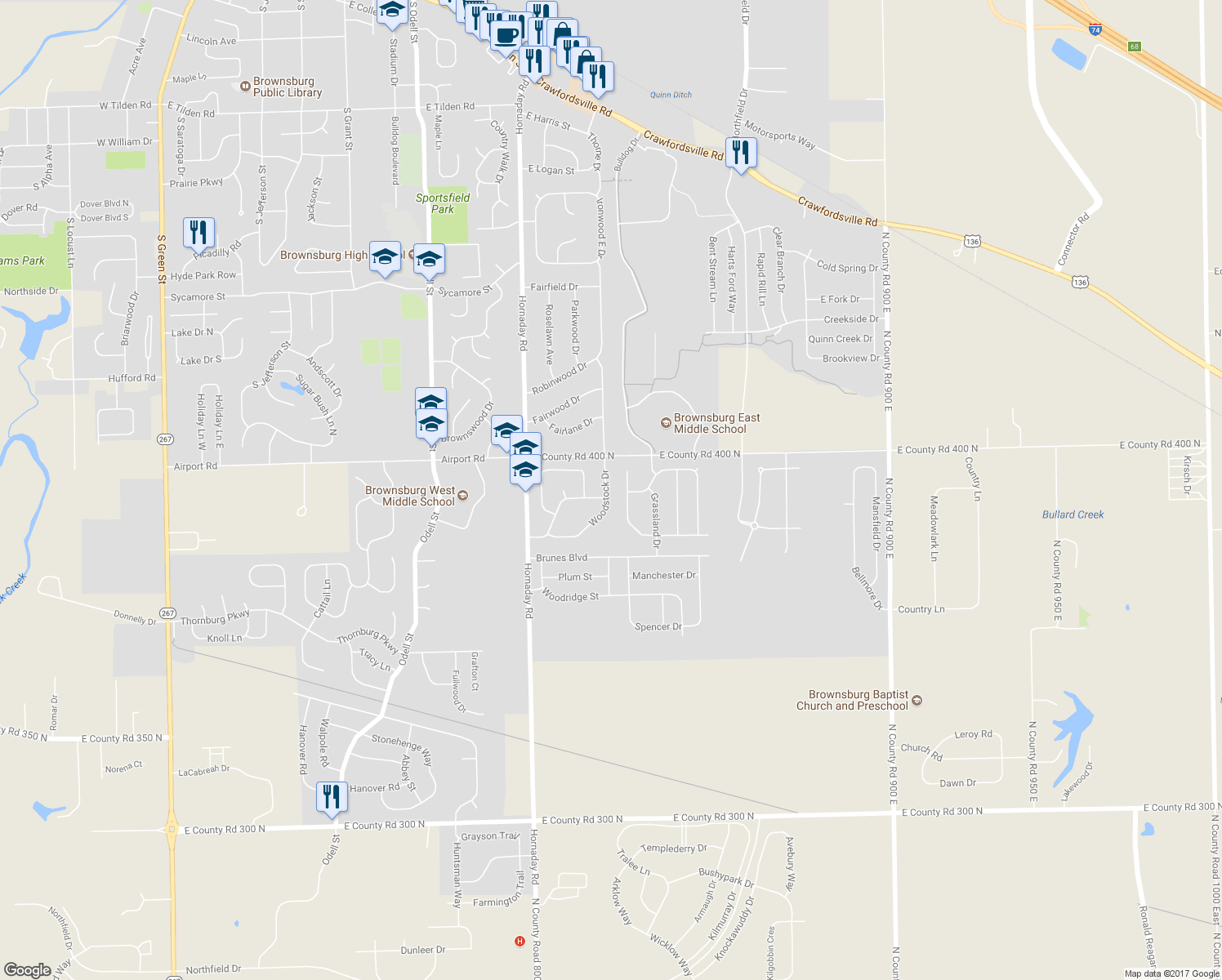 map of restaurants, bars, coffee shops, grocery stores, and more near 1661 Woodstock Drive in Brownsburg
