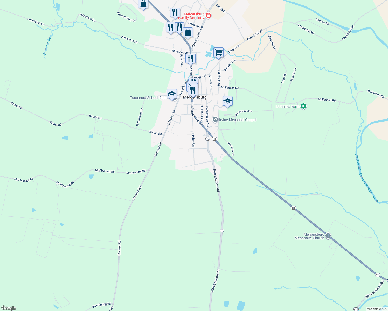 map of restaurants, bars, coffee shops, grocery stores, and more near 242 Linden Avenue in Mercersburg