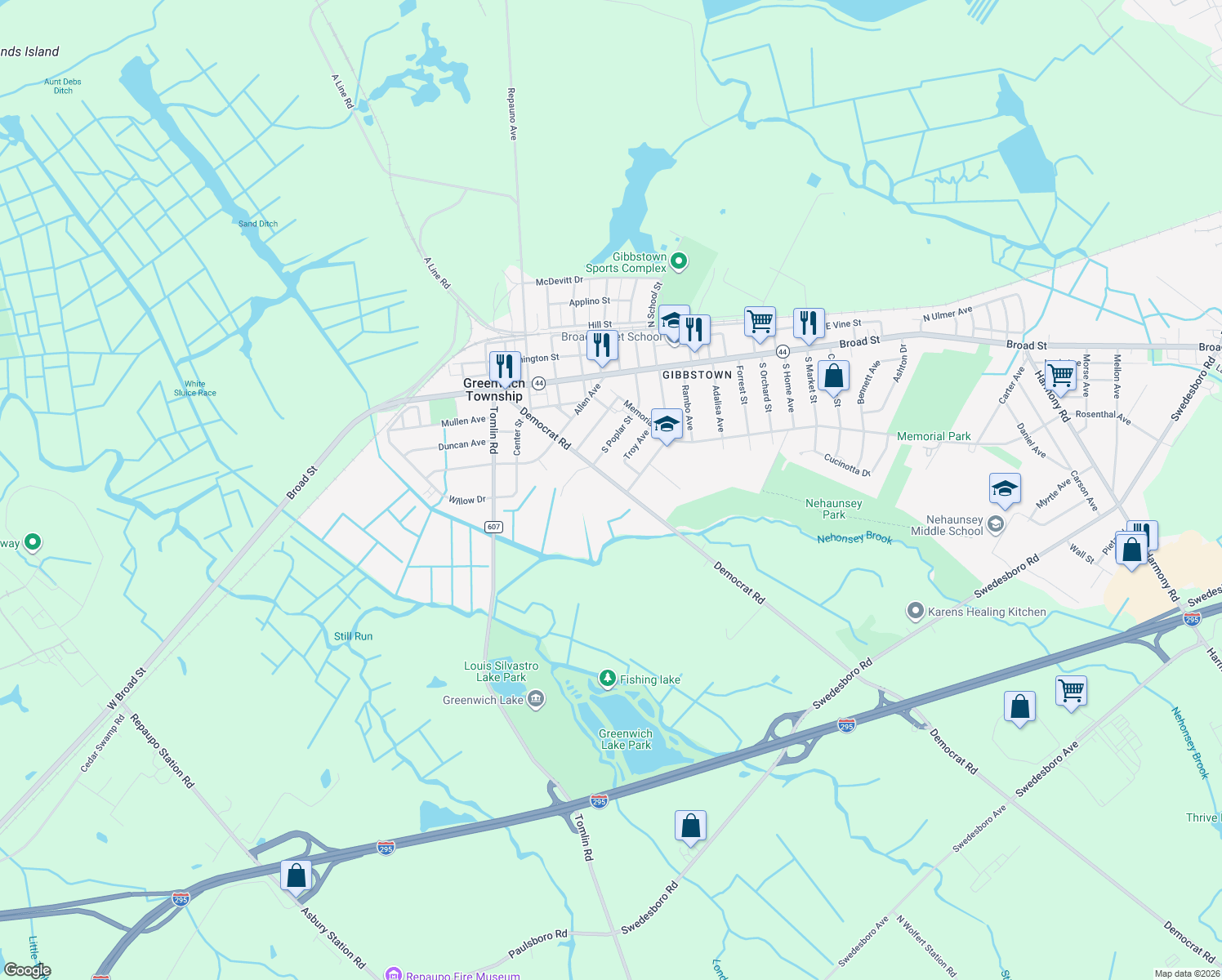 map of restaurants, bars, coffee shops, grocery stores, and more near 356 Democrat Road in Greenwich Township