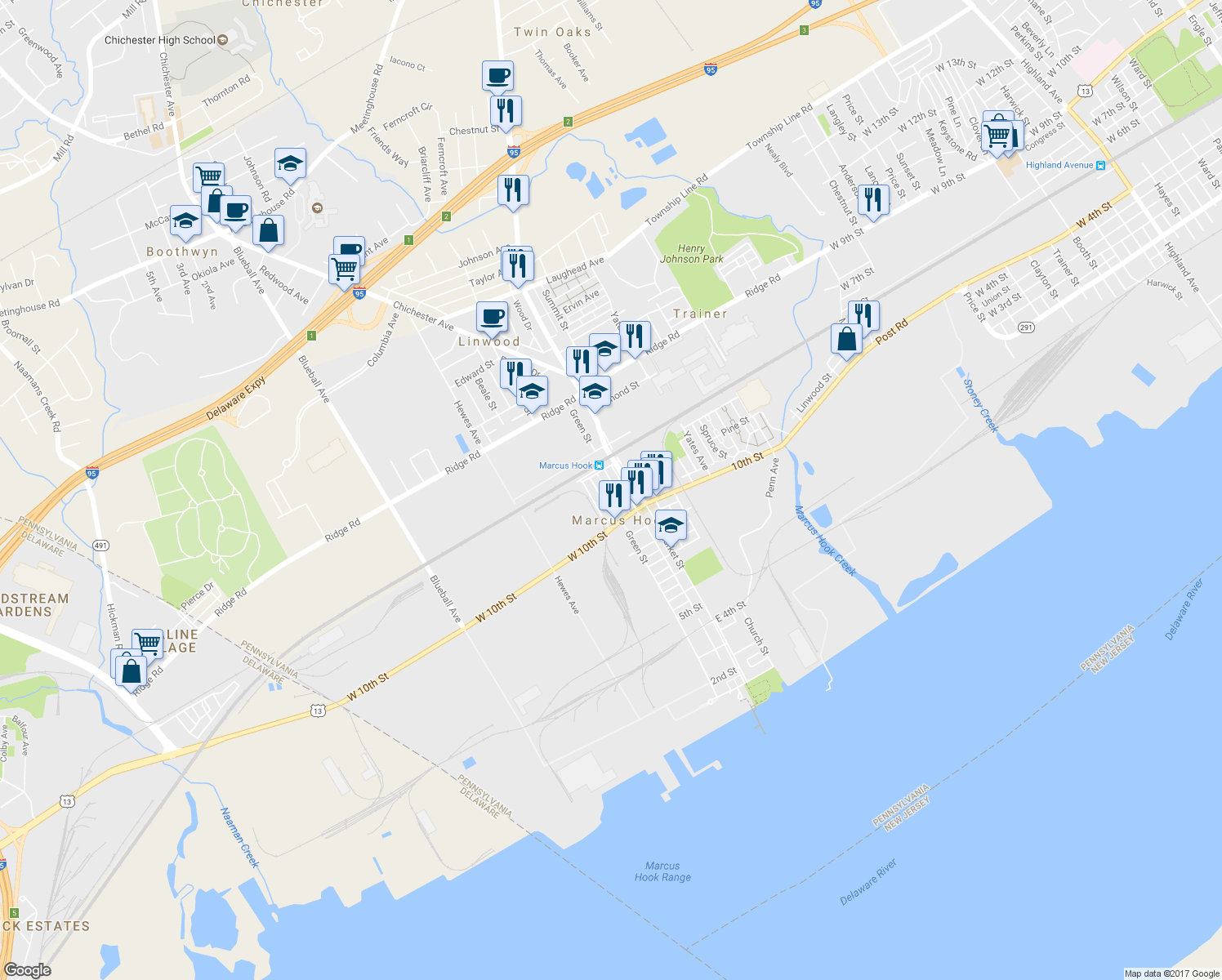 map of restaurants, bars, coffee shops, grocery stores, and more near 1102 Washington Avenue in Marcus Hook