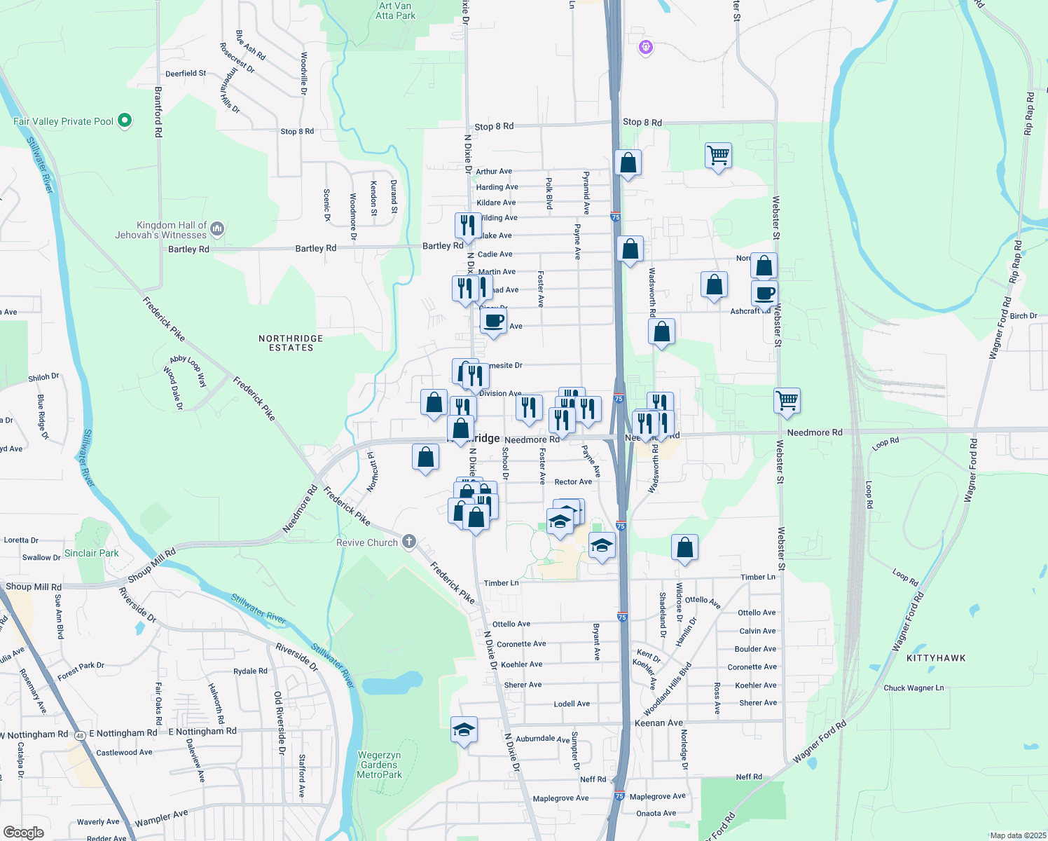 map of restaurants, bars, coffee shops, grocery stores, and more near 2124 Marker Avenue in Dayton