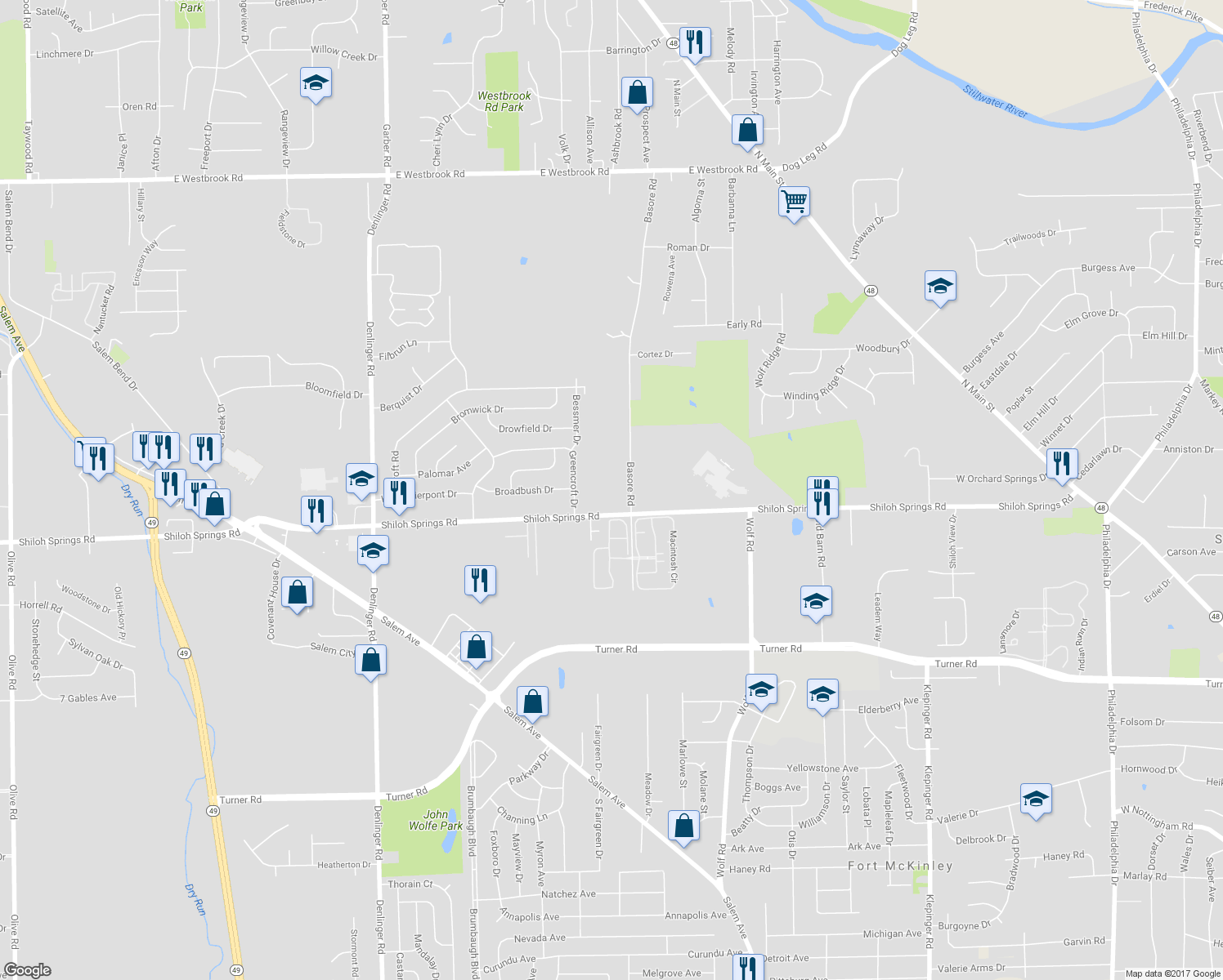 map of restaurants, bars, coffee shops, grocery stores, and more near 5075 Basore Road in Dayton