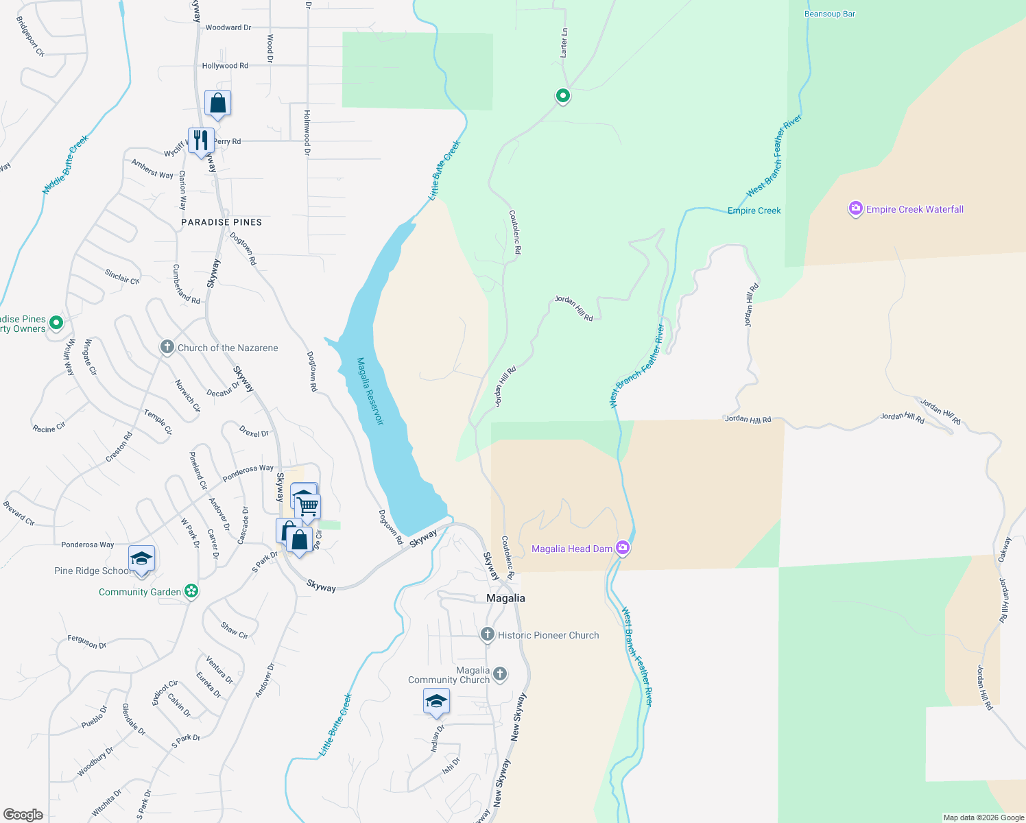 map of restaurants, bars, coffee shops, grocery stores, and more near 16045 Jordan Hill Road in Magalia