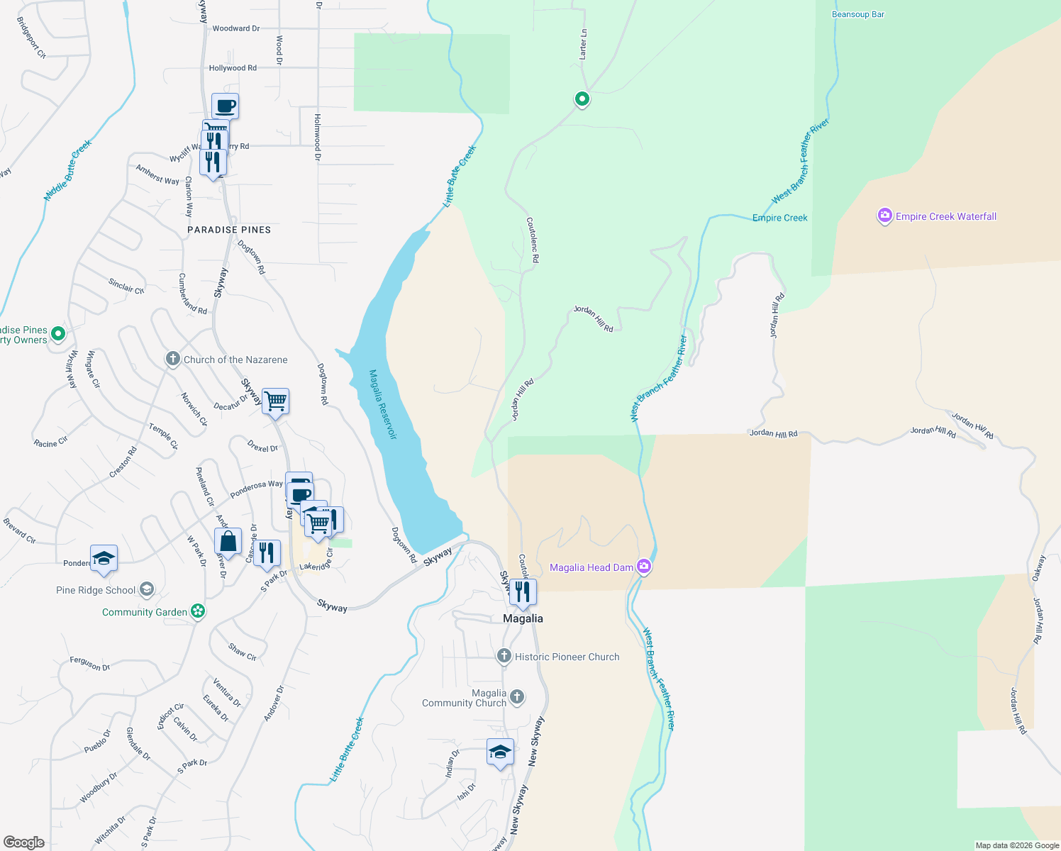 map of restaurants, bars, coffee shops, grocery stores, and more near 16045 Jordan Hill Road in Magalia