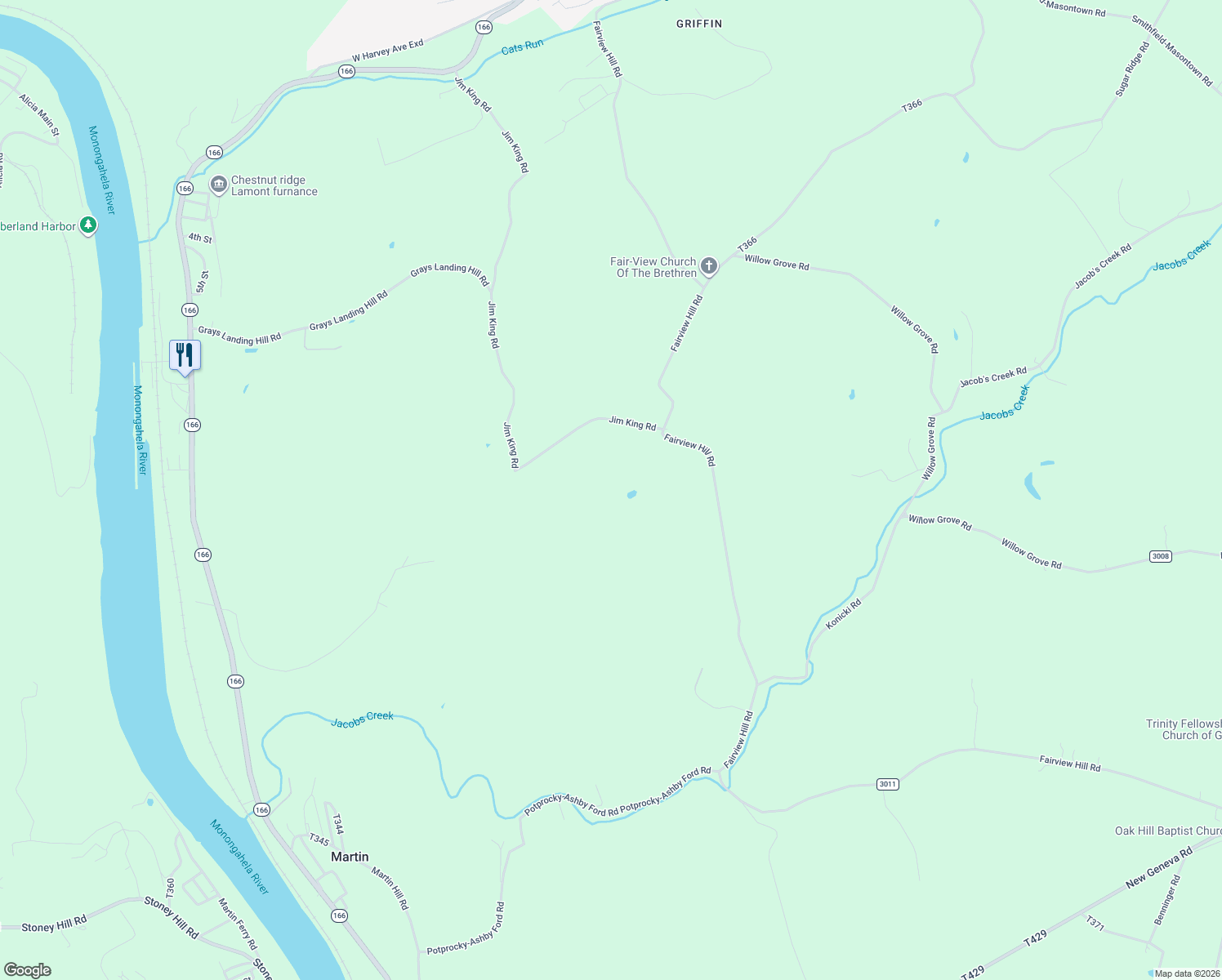 map of restaurants, bars, coffee shops, grocery stores, and more near 638 Fairview Hill Road in Masontown