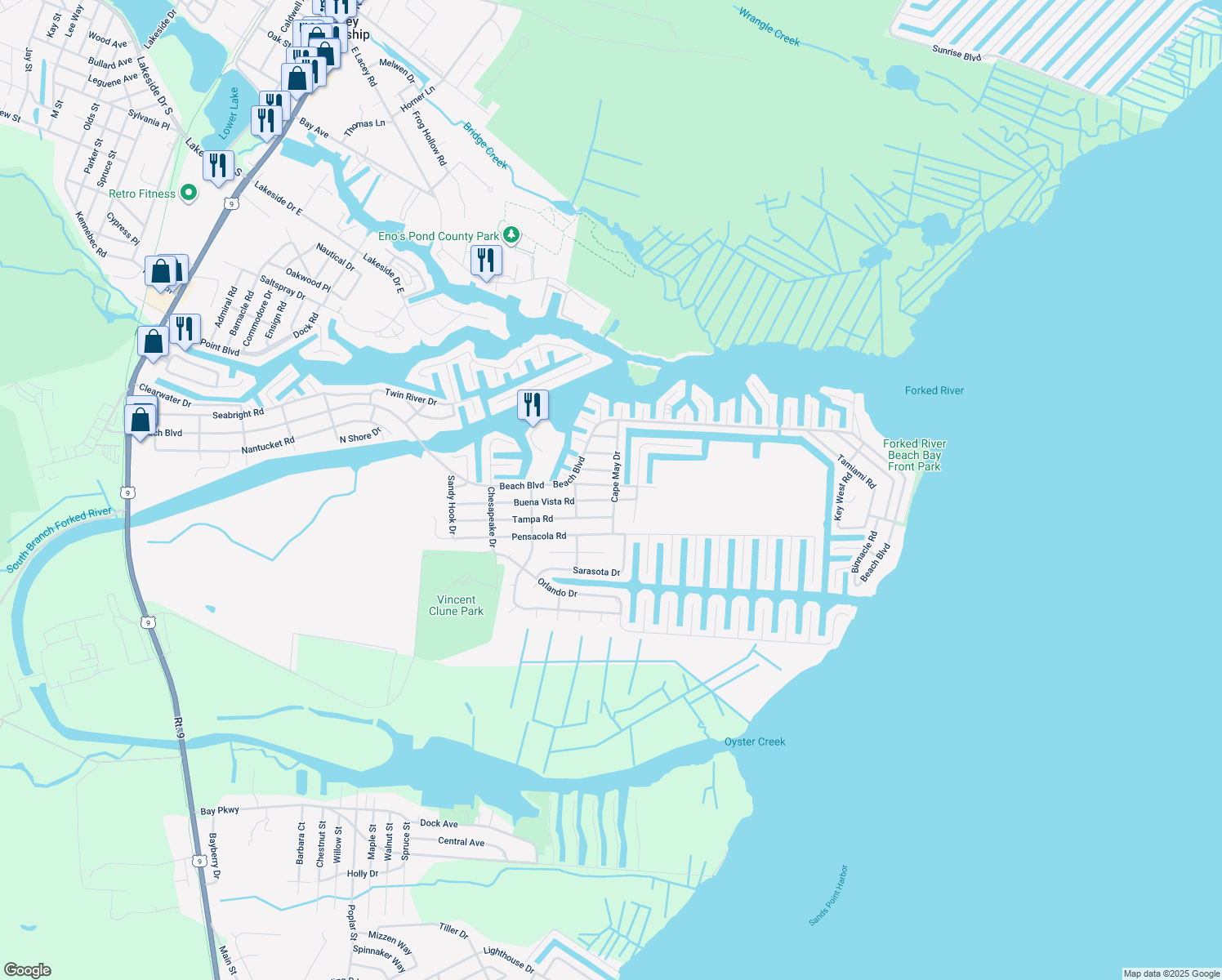 map of restaurants, bars, coffee shops, grocery stores, and more near 1017 Inland Road in Forked River