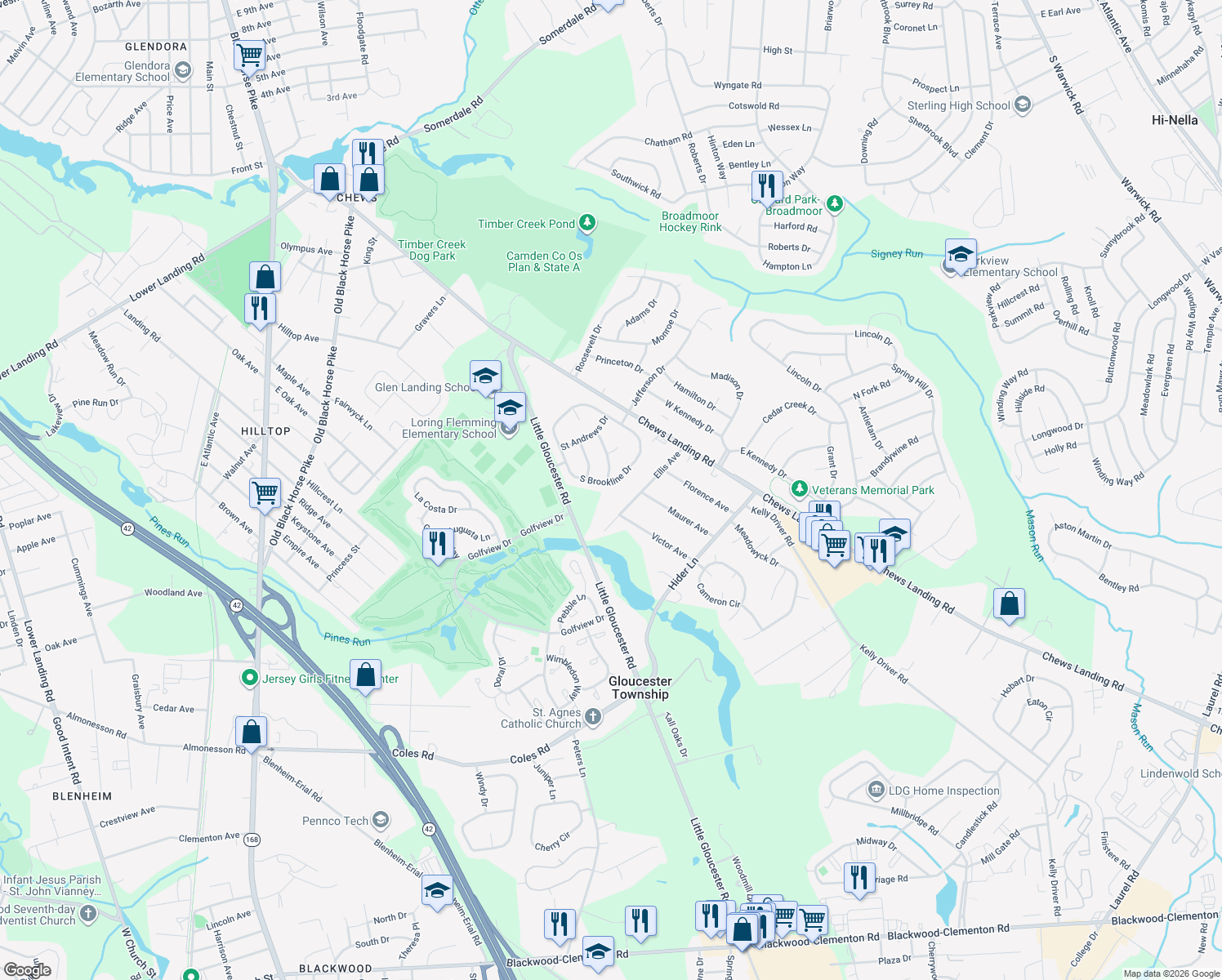 map of restaurants, bars, coffee shops, grocery stores, and more near 71 South Brookline Drive in Laurel Springs