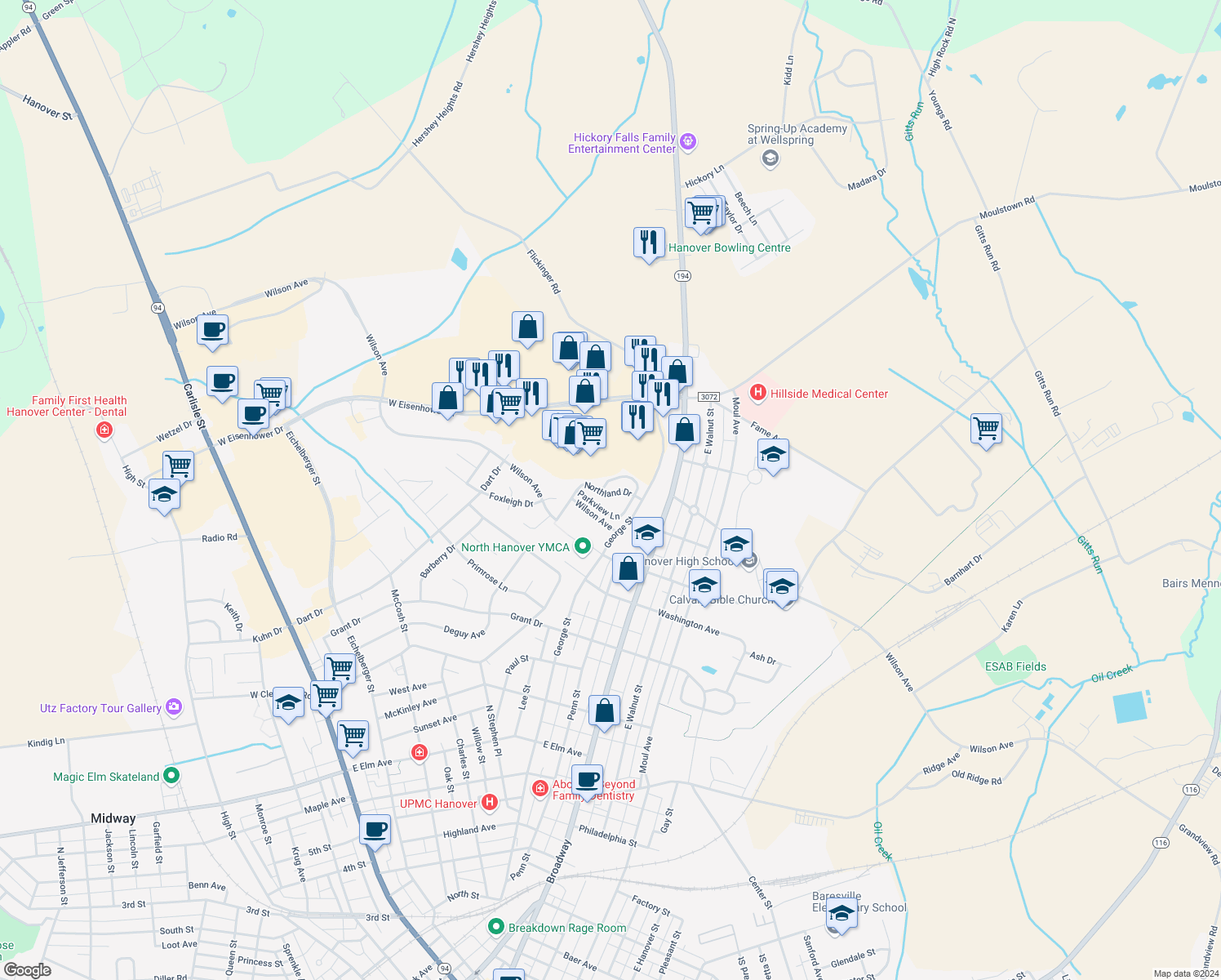 map of restaurants, bars, coffee shops, grocery stores, and more near 441 Parkview Lane in Hanover