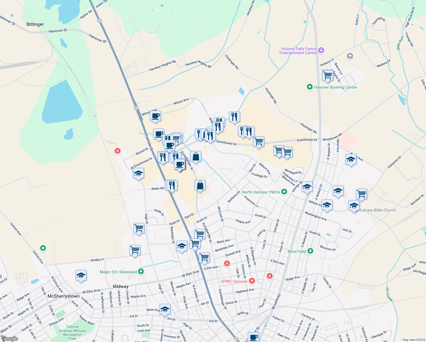 map of restaurants, bars, coffee shops, grocery stores, and more near 206 Adams Ct in Hanover