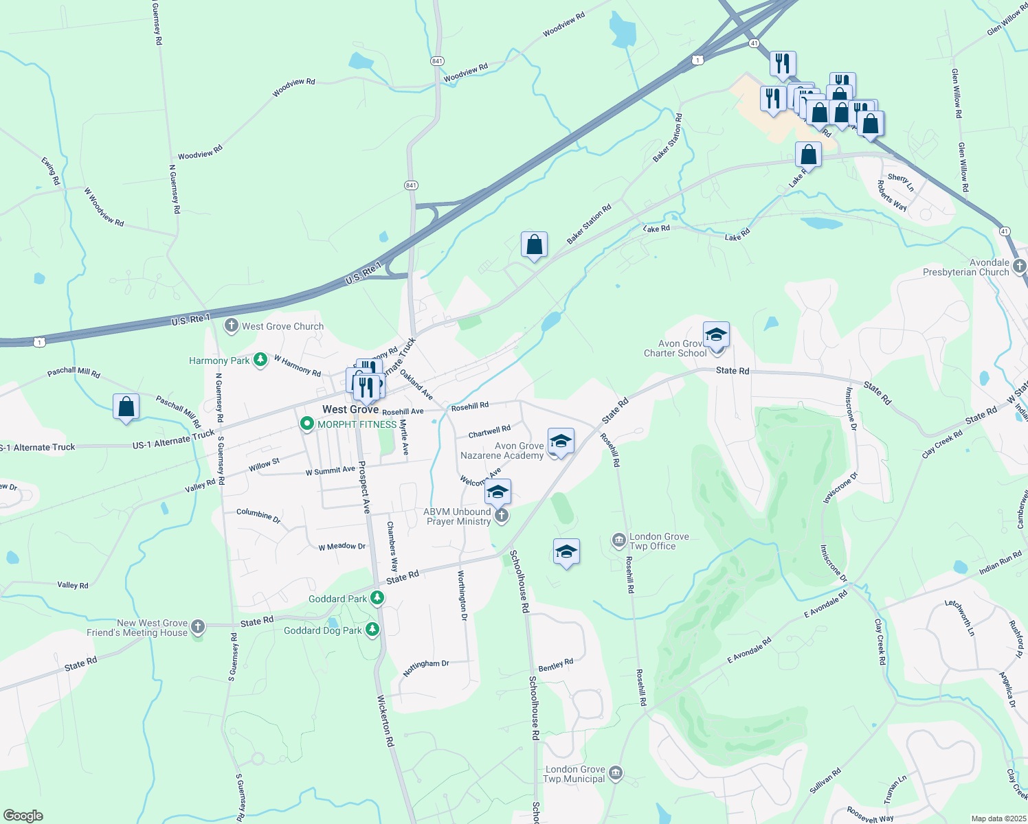 map of restaurants, bars, coffee shops, grocery stores, and more near 337 Welcome Avenue in West Grove