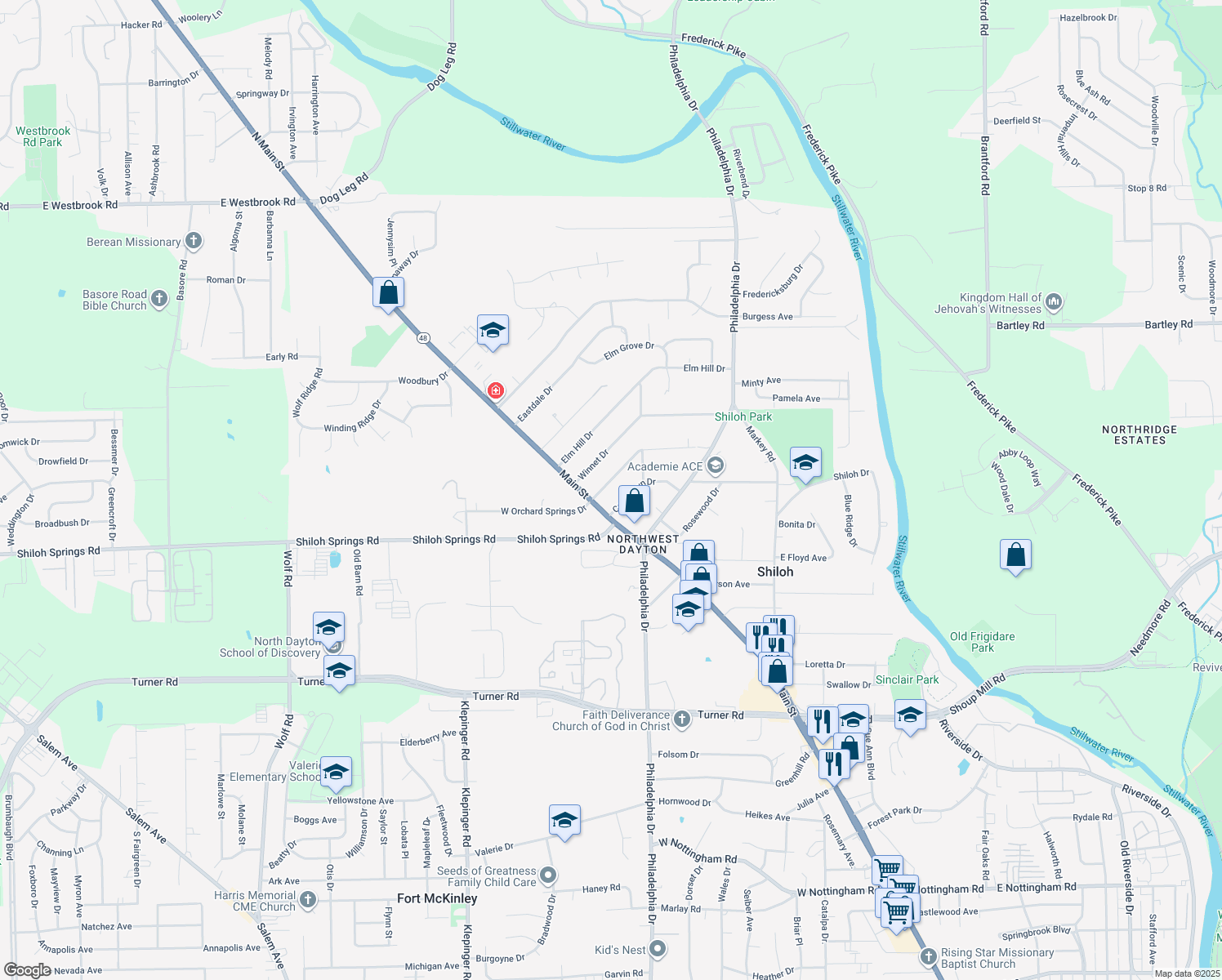 map of restaurants, bars, coffee shops, grocery stores, and more near 24 E Orchard Springs Dr in Dayton