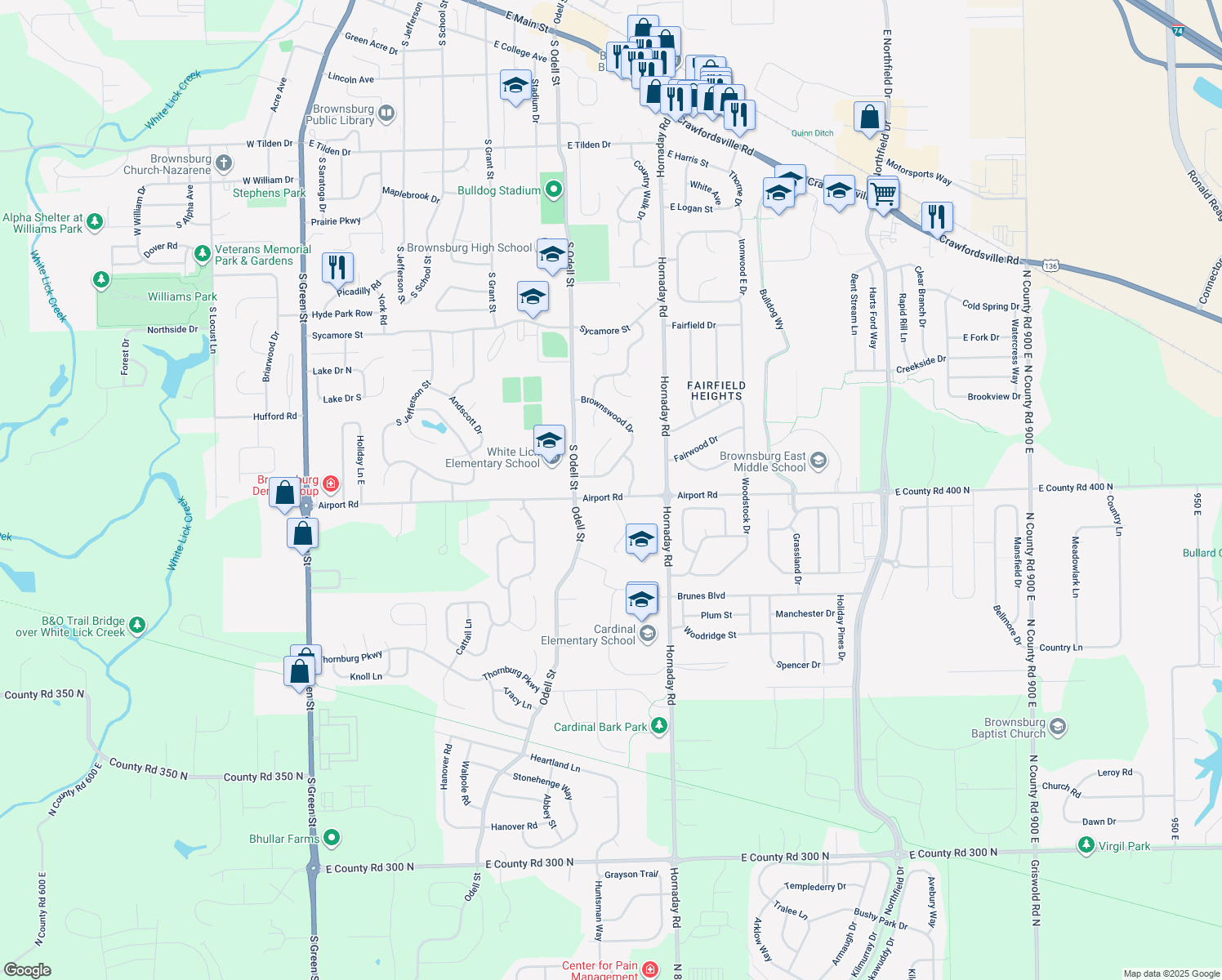 map of restaurants, bars, coffee shops, grocery stores, and more near 708 Airport Road in Brownsburg