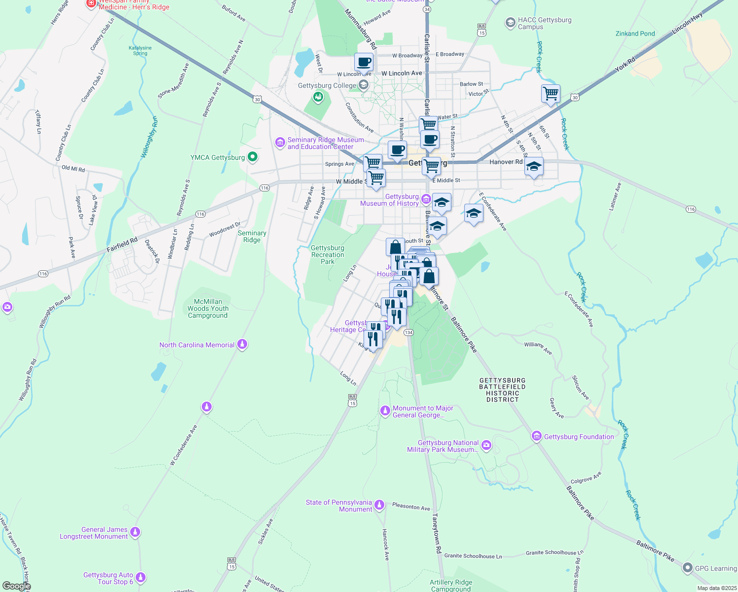 map of restaurants, bars, coffee shops, grocery stores, and more near 650 Fairview Ave in Gettysburg