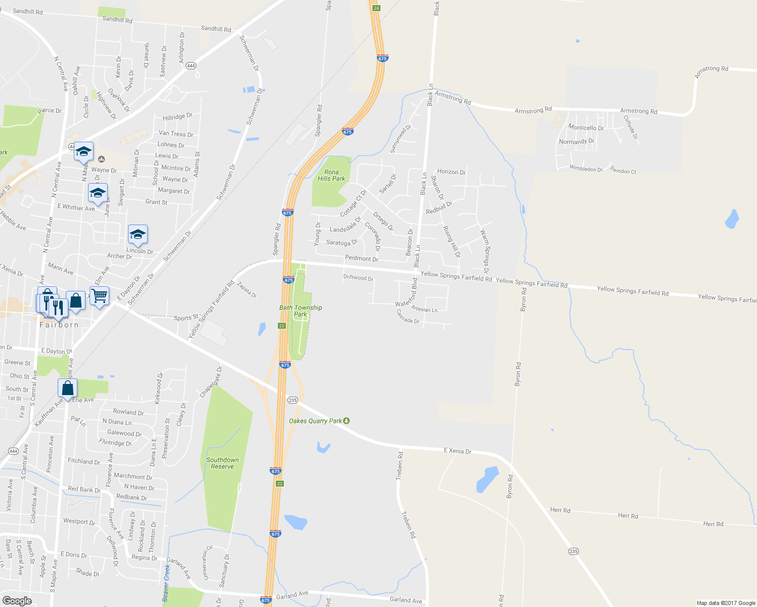 map of restaurants, bars, coffee shops, grocery stores, and more near 88 Waterford Boulevard in Fairborn