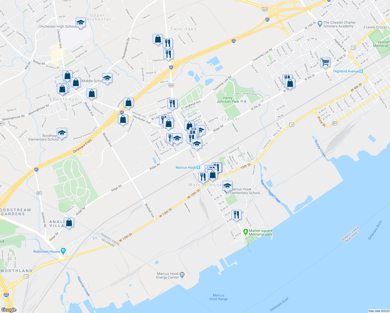 map of restaurants, bars, coffee shops, grocery stores, and more near 1327 Green Street in Linwood
