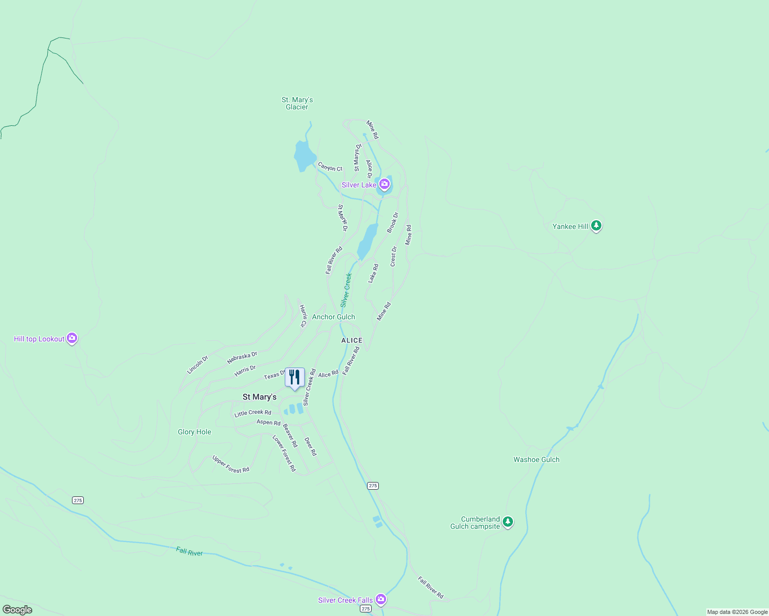 map of restaurants, bars, coffee shops, grocery stores, and more near 603 Lake Road in Idaho Springs