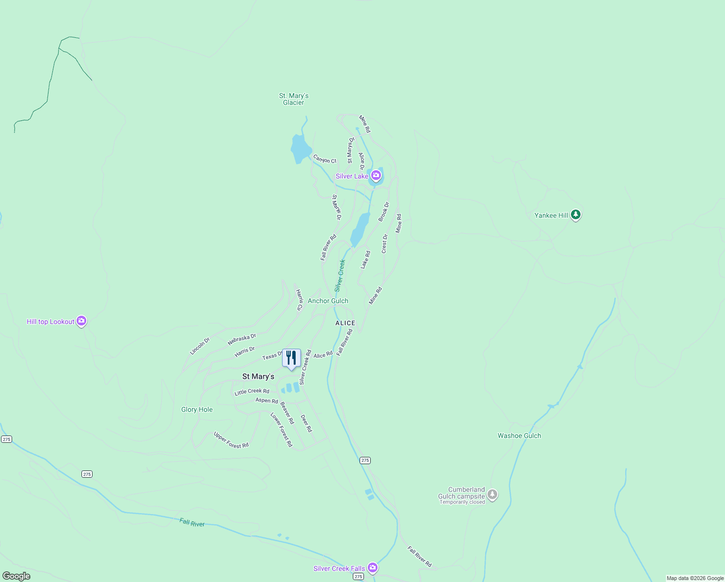 map of restaurants, bars, coffee shops, grocery stores, and more near 588 Lake Road in Idaho Springs